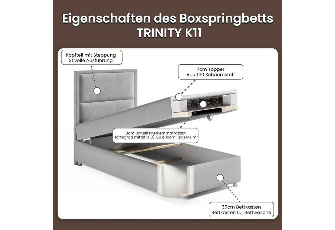 Best for Home Boxspringbett K-11 SINGLE mit Bettkasten und Bonellfederkern - Bild 5
