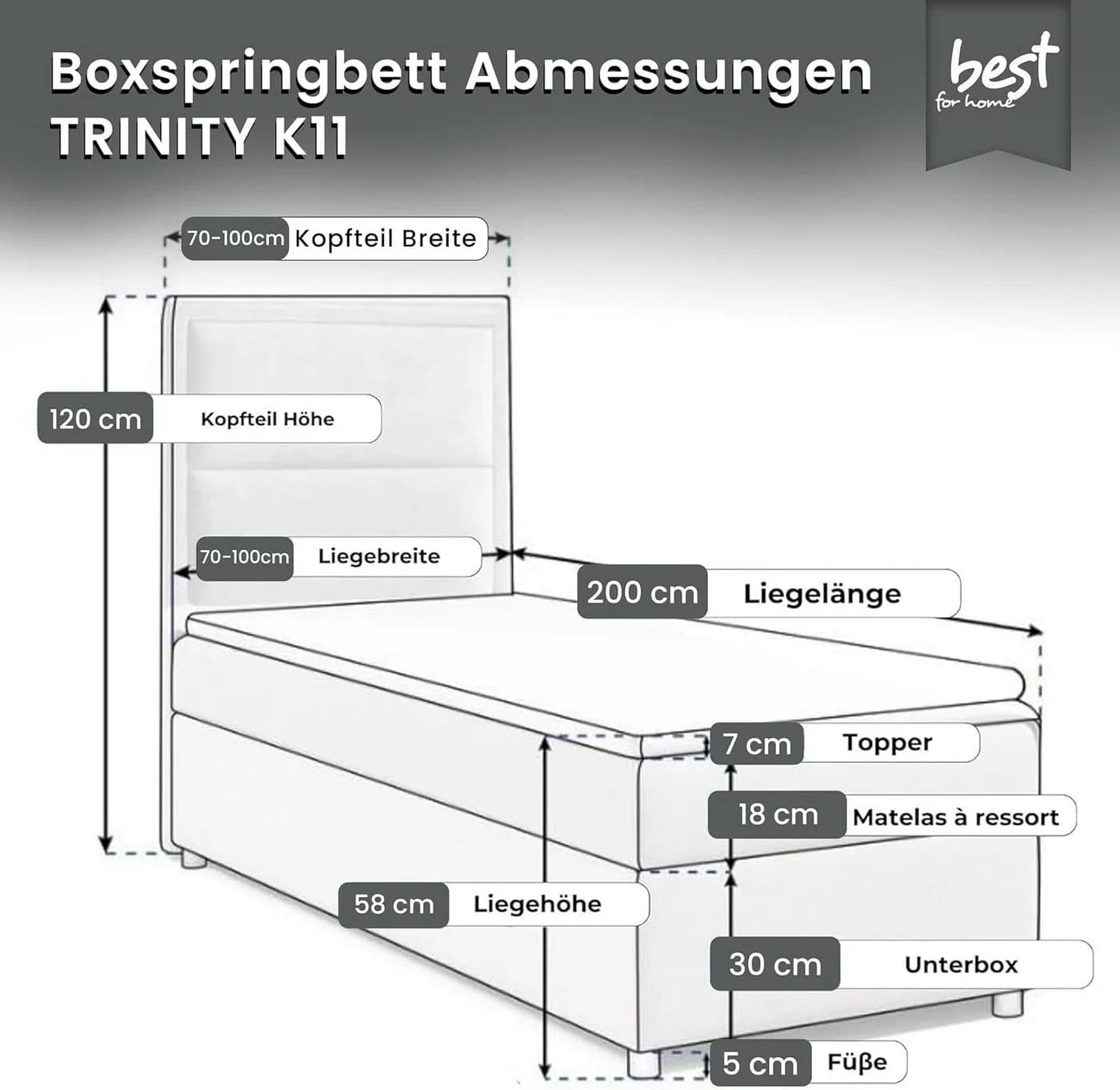 Best for Home Boxspringbett K-11 SINGLE mit Bettkasten Grau