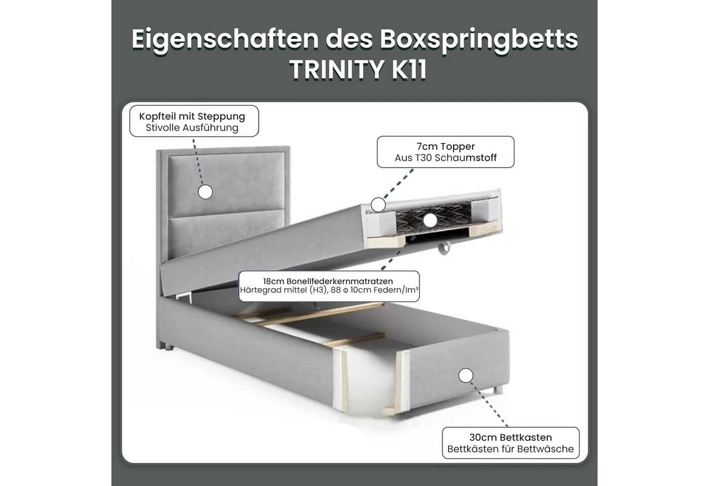 Best for Home Boxspringbett K-11 SINGLE mit Bettkasten Grau - Bild 5