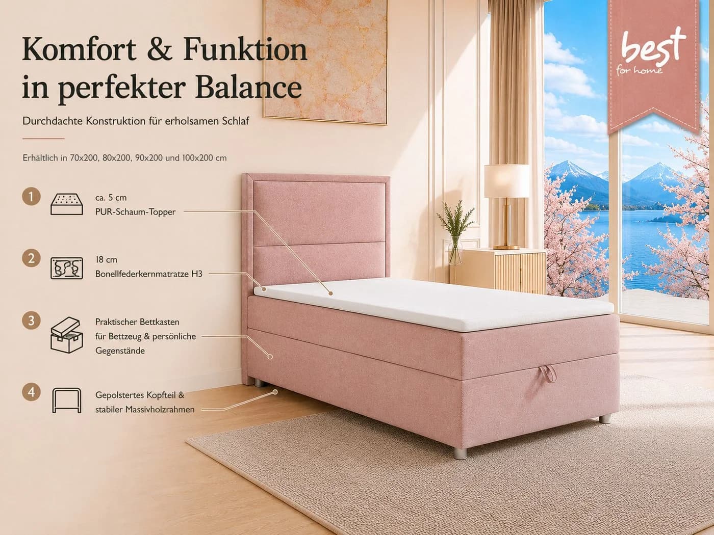 Best for Home Boxspringbett K-11 SINGLE Rosa mit Bettkasten - Bild 3