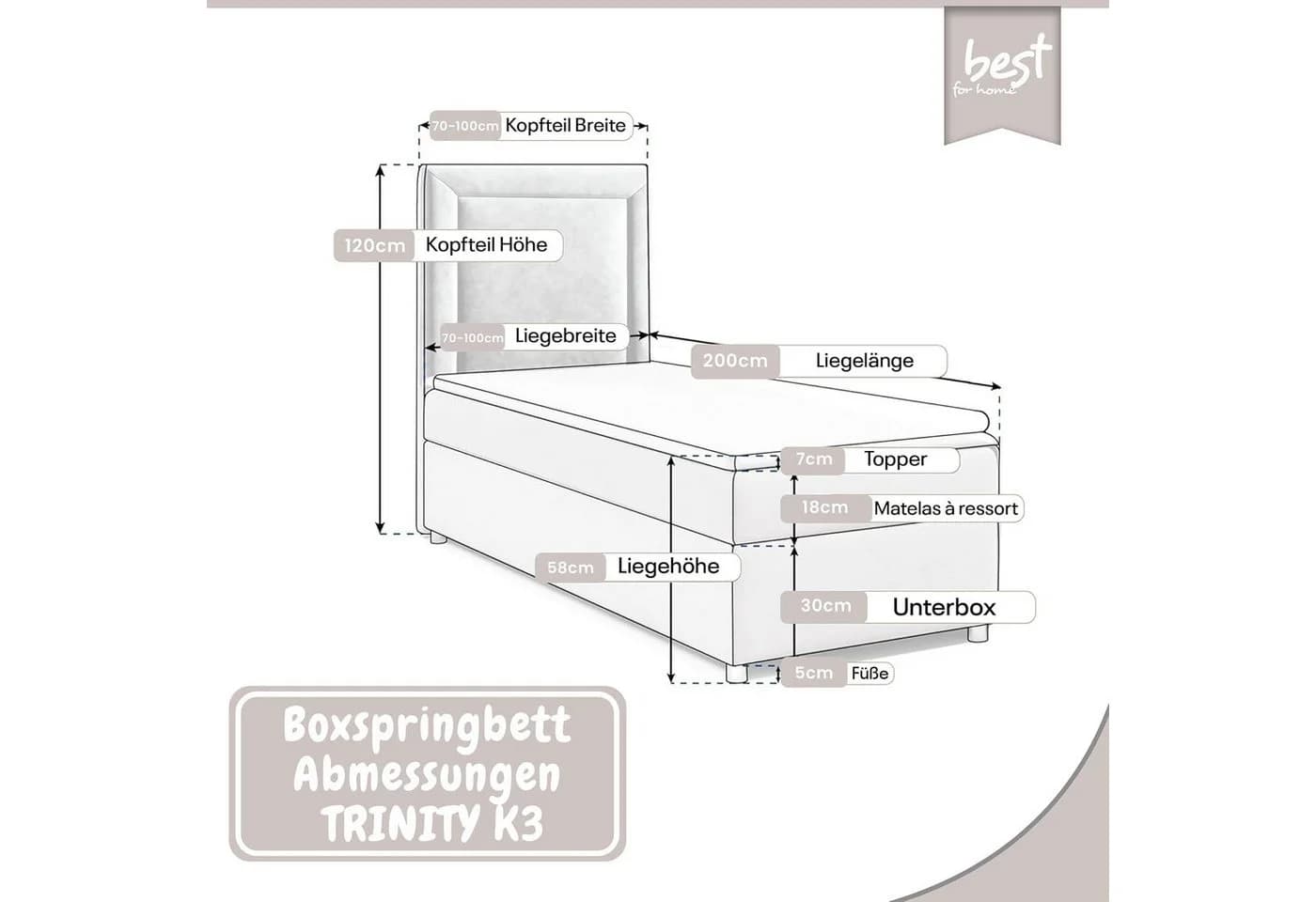 Best for Home Boxspringbett Trinity K-3 SINGLE mit Bettkasten & Topper H3 Creme