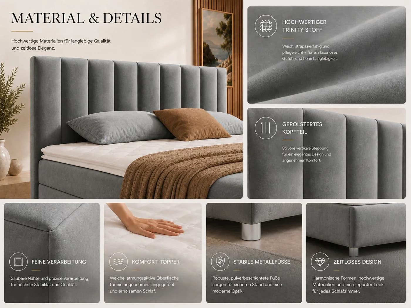 Best for Home Boxspringbett Trinity K-10 mit Bettkasten und Topper Grau - Bild 4