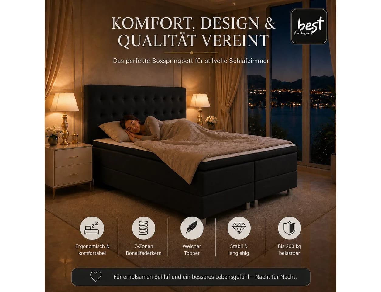 Best for Home Boxspringbett Neo Schwarz 7-Zonen Bonnell Matratze mit Topper
