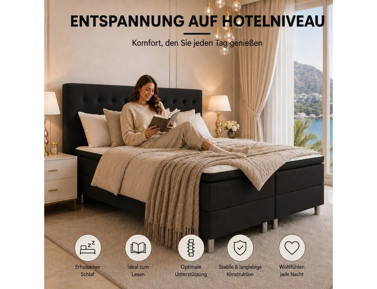 Best for Home Boxspringbett Neo Schwarz 7-Zonen Bonnell Matratze mit Topper - Bild 4