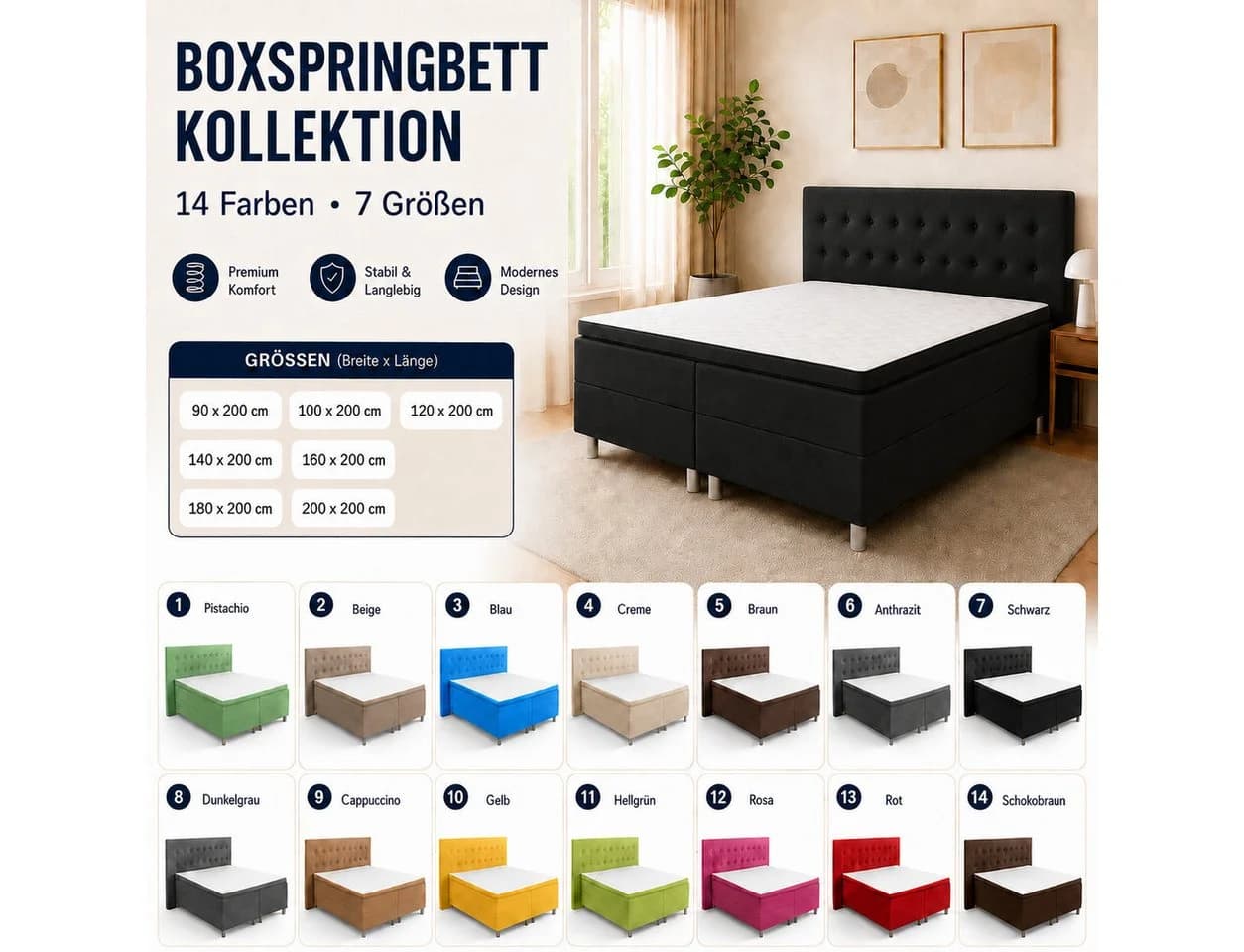 Best for Home Boxspringbett Neo Schwarz 7-Zonen Bonnell Matratze mit Topper - Bild 5