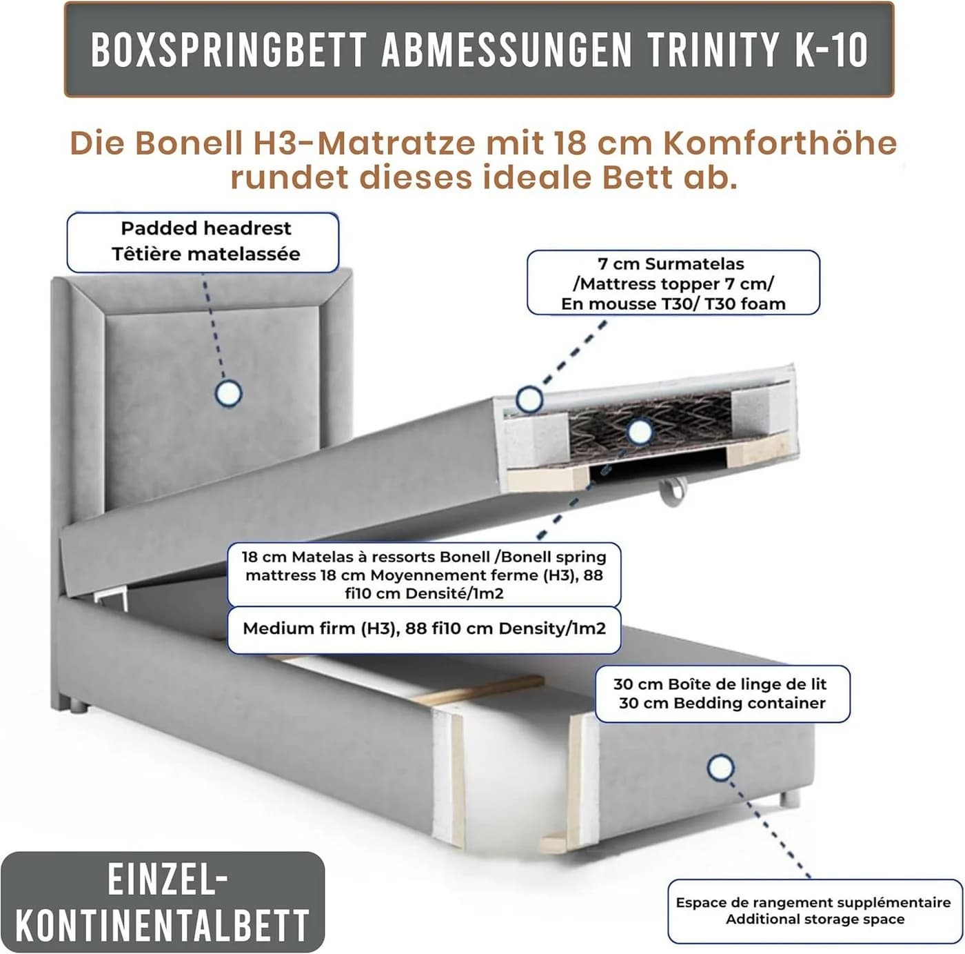 Best for Home Boxspringbett Trinity K-10 mit Bettkasten Grau - Bild 4