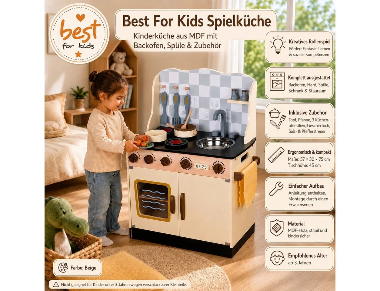 Best for Kids Spielküche Beige Holzküche mit Zubehör