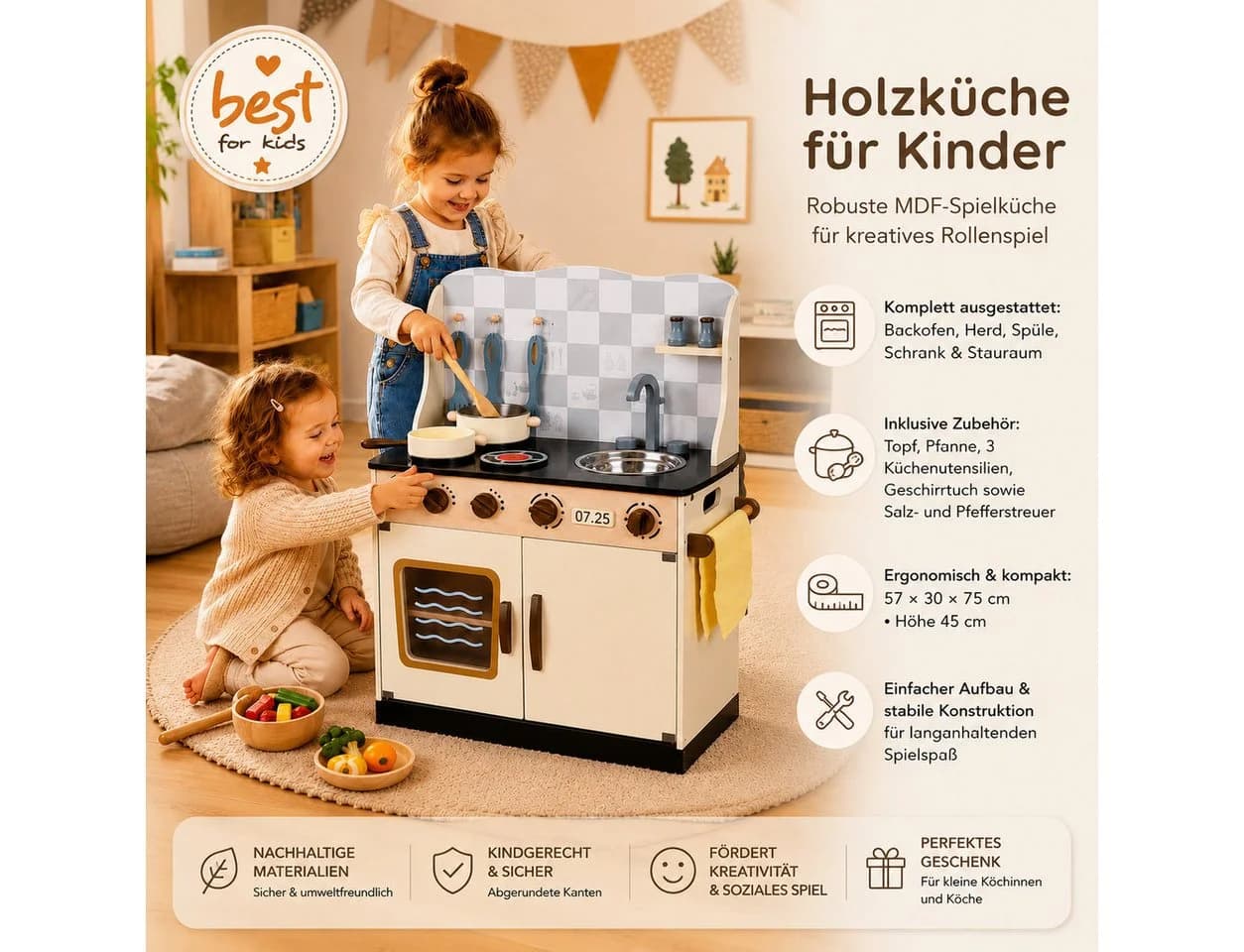 Best for Kids Spielküche Beige Holzküche mit Zubehör - Bild 5