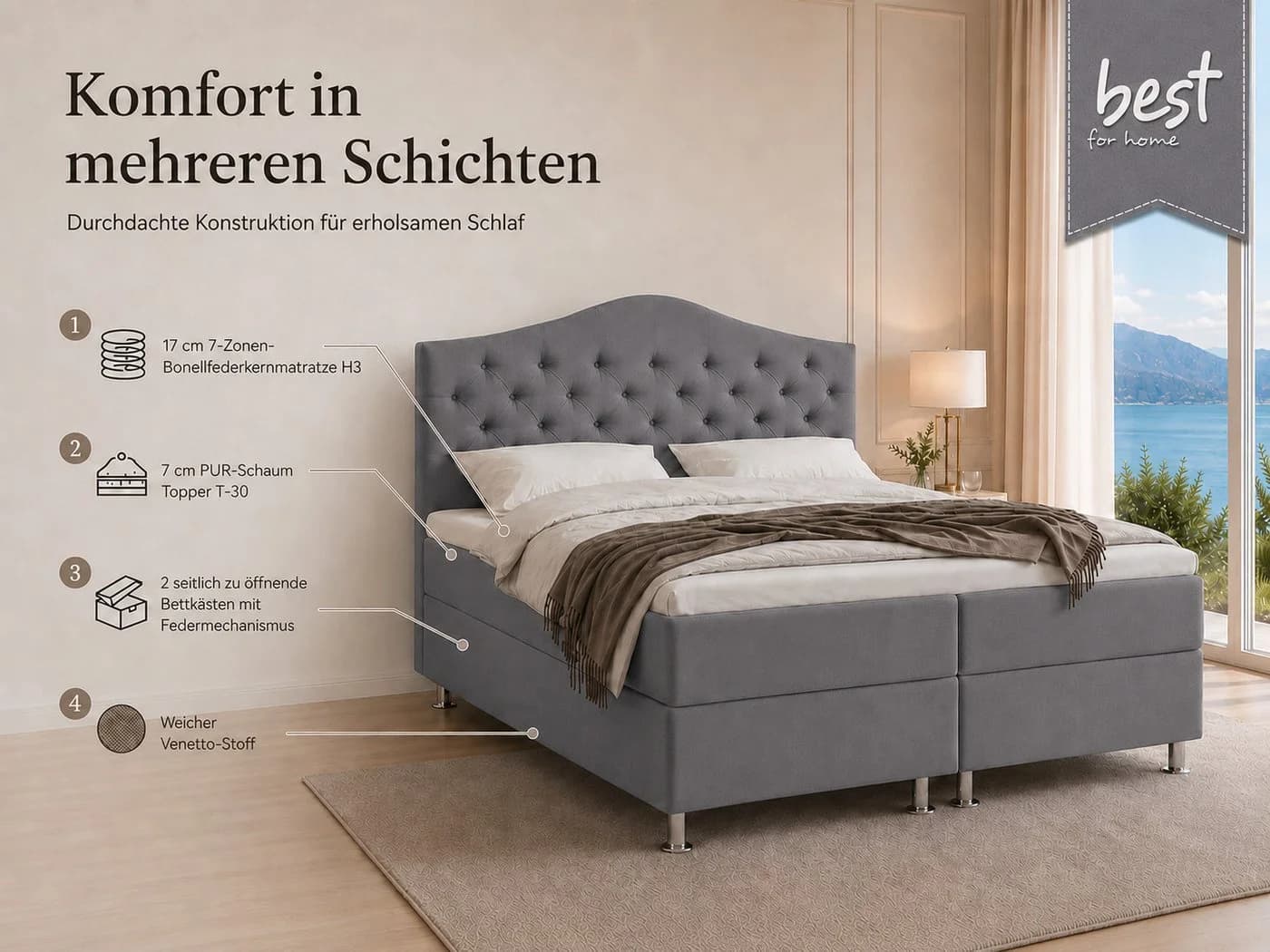 Best for Home Boxspringbett Glamour mit 7-Zonen Bonell & Topper T-30 grün - Bild 3