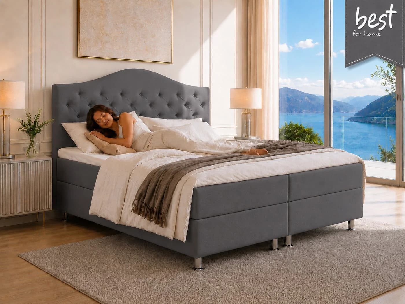 Best for Home Boxspringbett Glamour grau mit Bonellfederkern & Topper