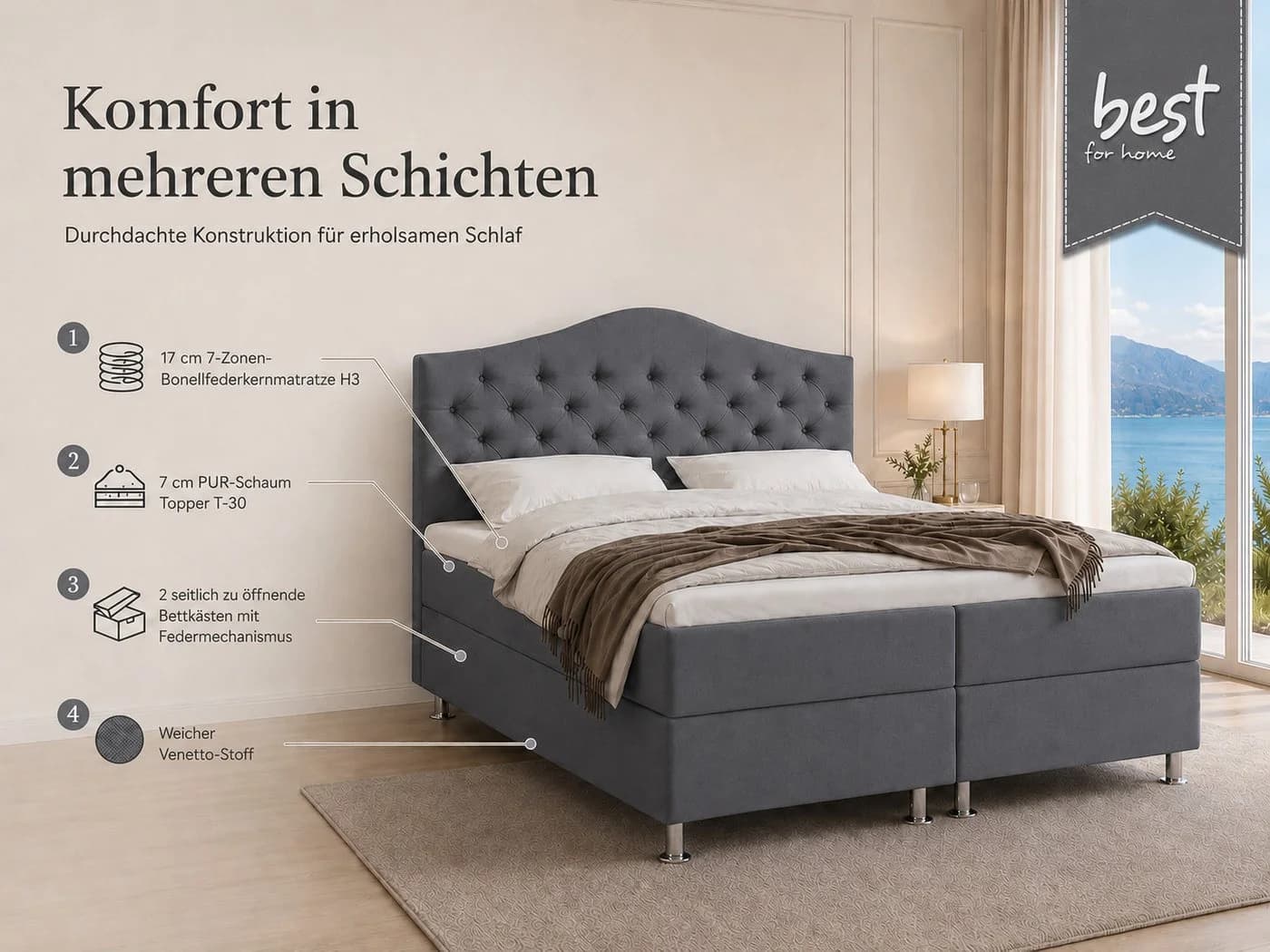 Best for Home Boxspringbett Glamour grau mit Bonellfederkern & Topper - Bild 3