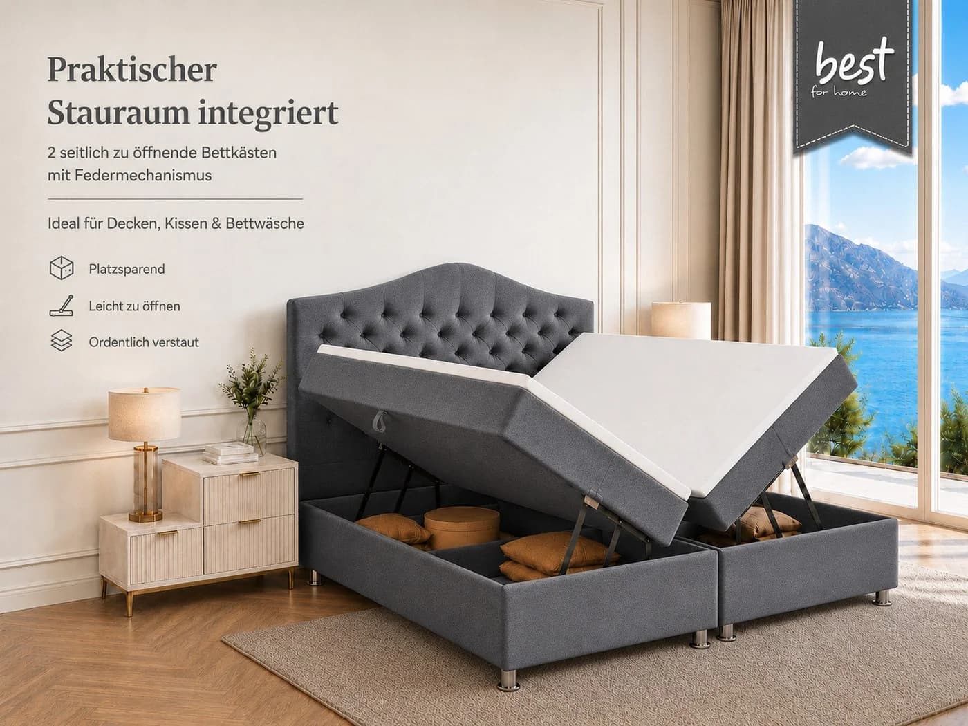 Best for Home Boxspringbett Glamour grau mit Bonellfederkern & Topper - Bild 5