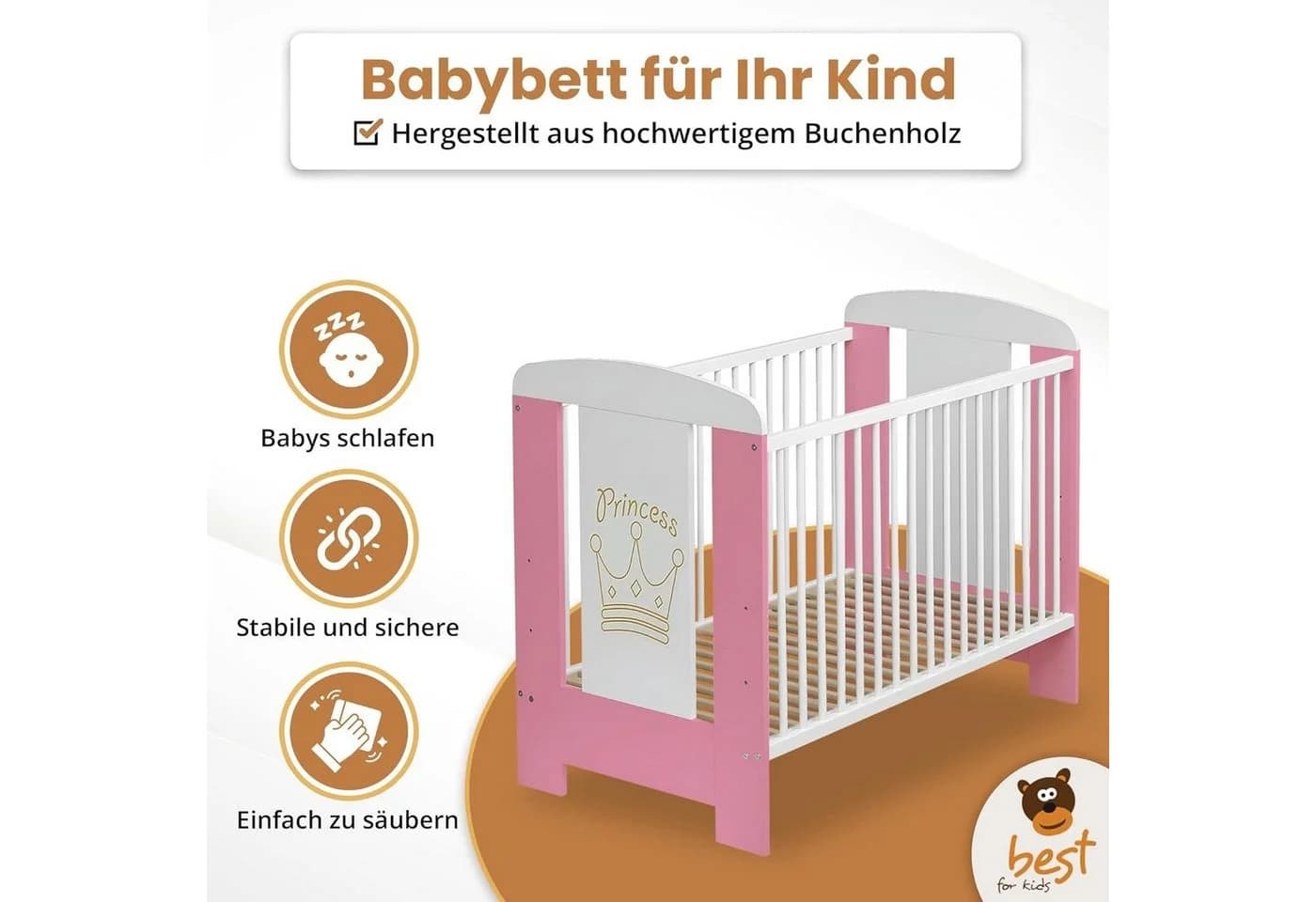Best for Kids Babybett 120x60 cm mit 3 herausnehmbaren Schlupfsprossen - Bild 4