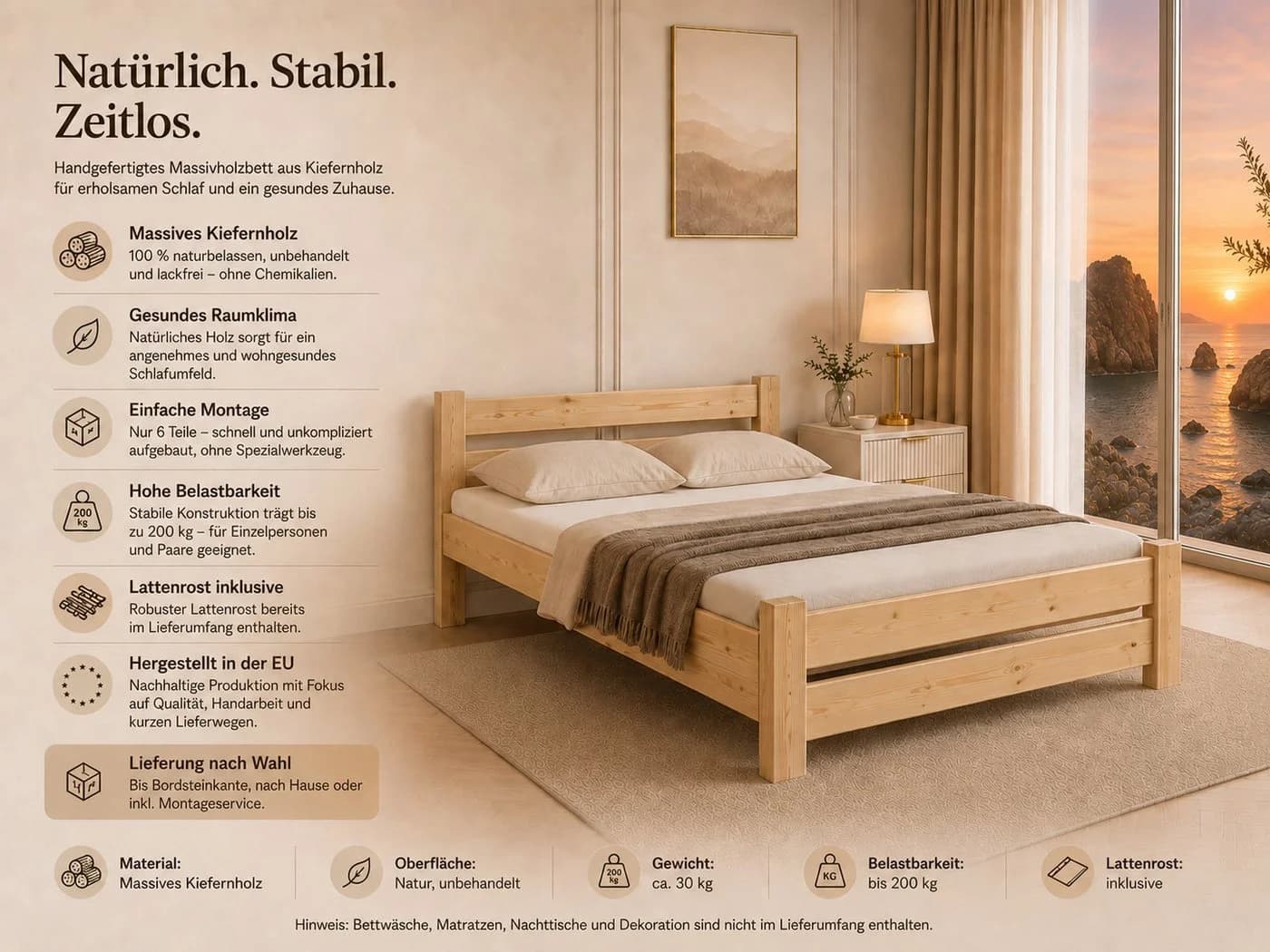 Best for Home Massivholzbett Kiefernholz naturbelassen mit Lattenrost - Bild 5