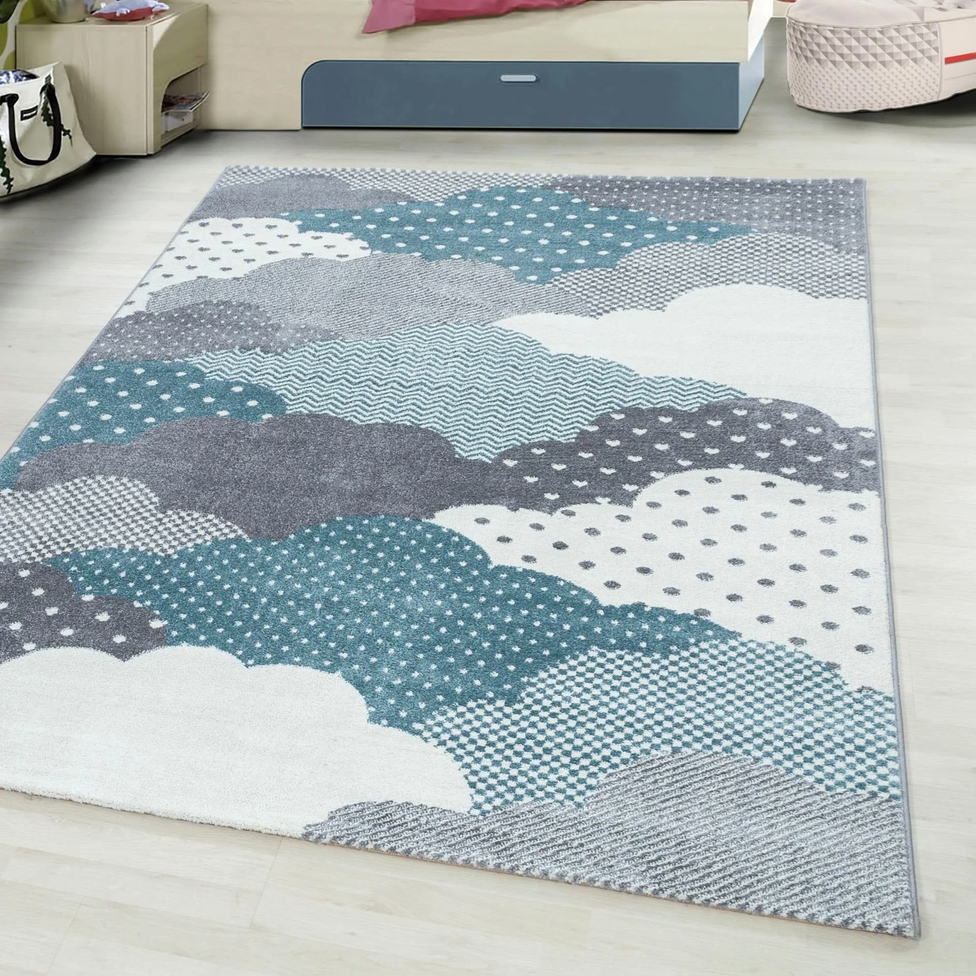 Ayyildiz Teppiche Bambi 820 Kinderteppich Blau Wolken Motiv Kurzflor