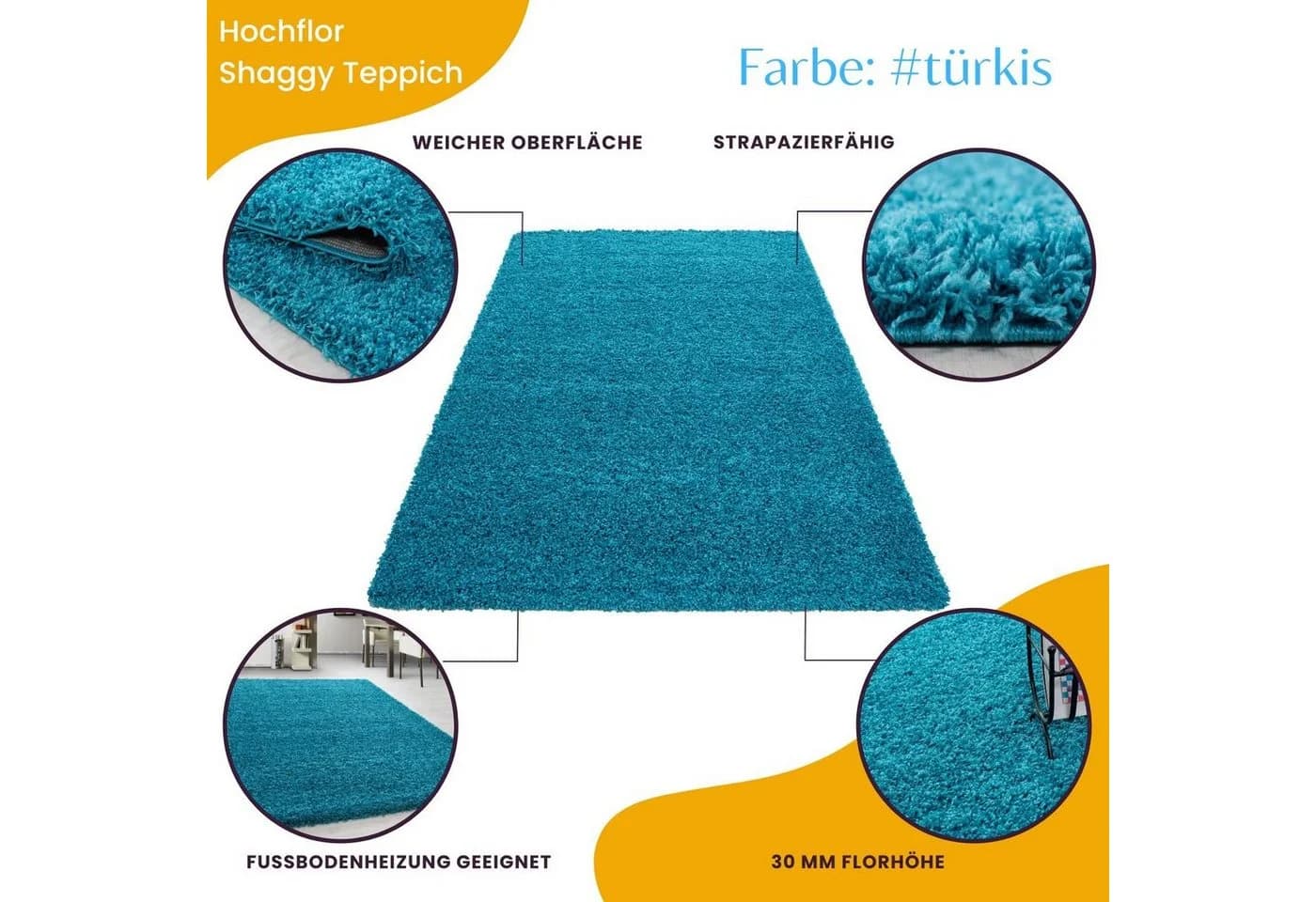Teppium Teppich Unicolor Einfarbig Türkis Blau 30 mm - Bild 3