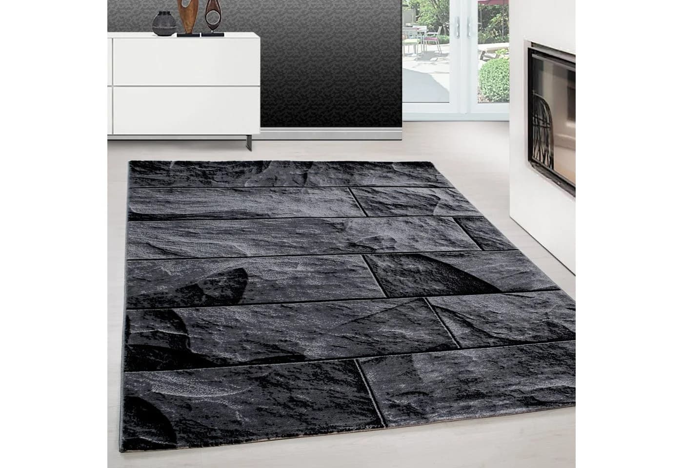 Teppium Teppich Steindesign Schwarz Kurzflor Modern
