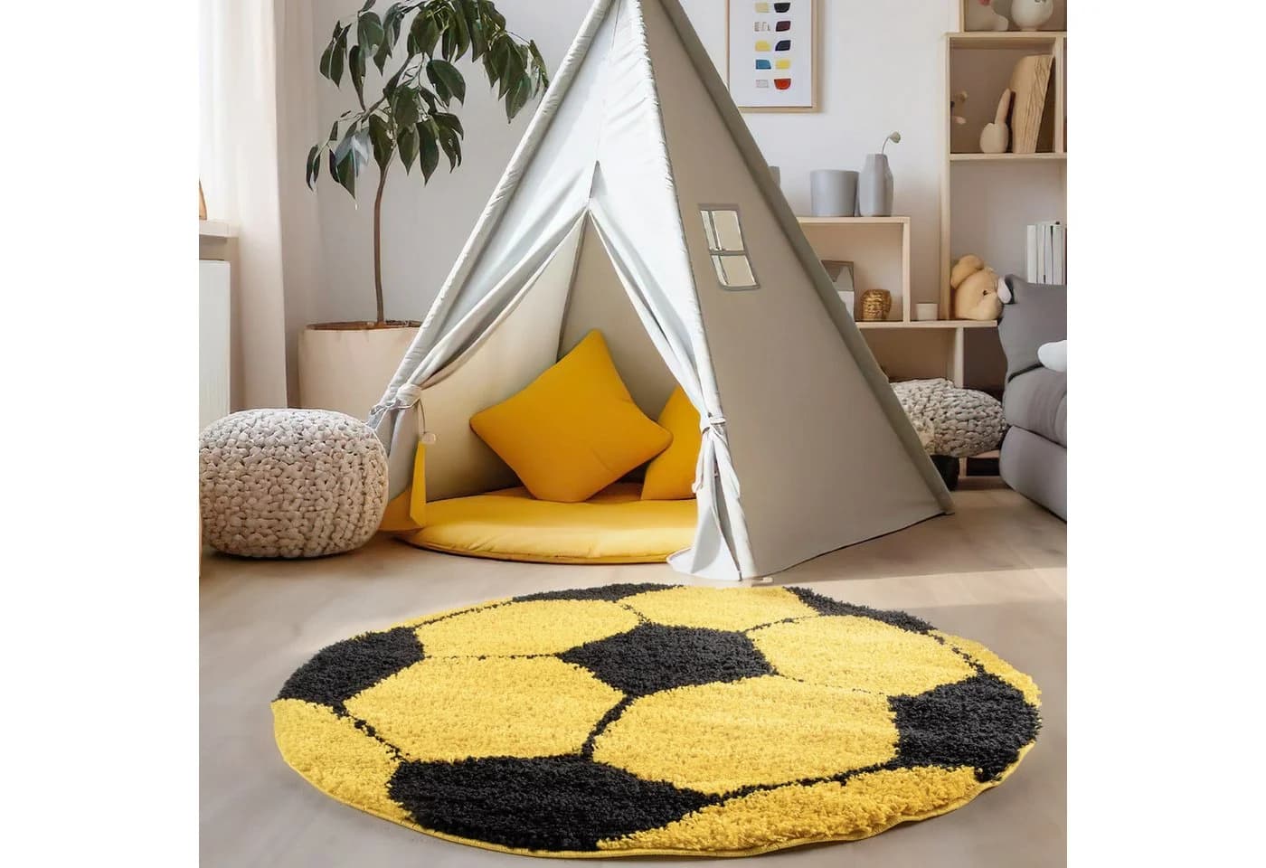 Carpettex Kinderteppich Fußball-Design Rund Hochflorig Gelb - Bild 2