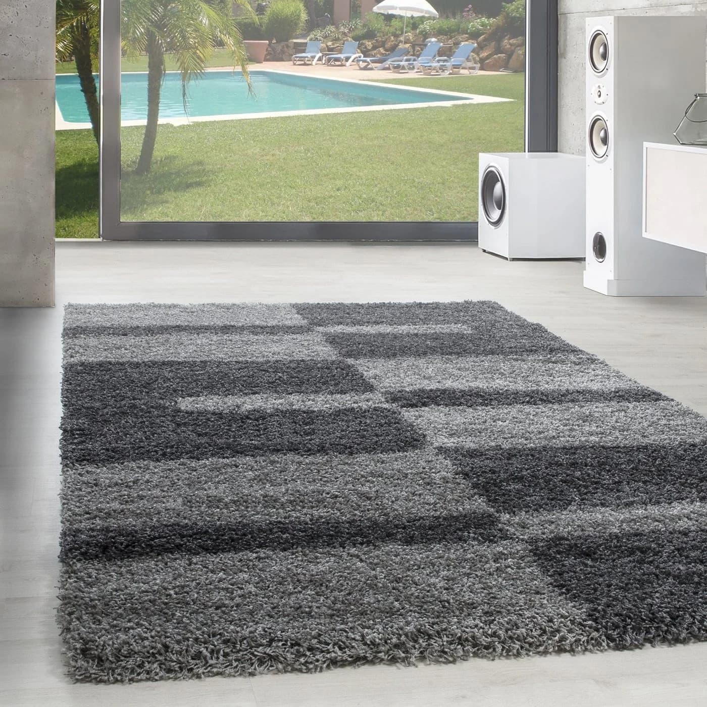 SIMPEX24 Teppich Kariert Design Grau Hochflor