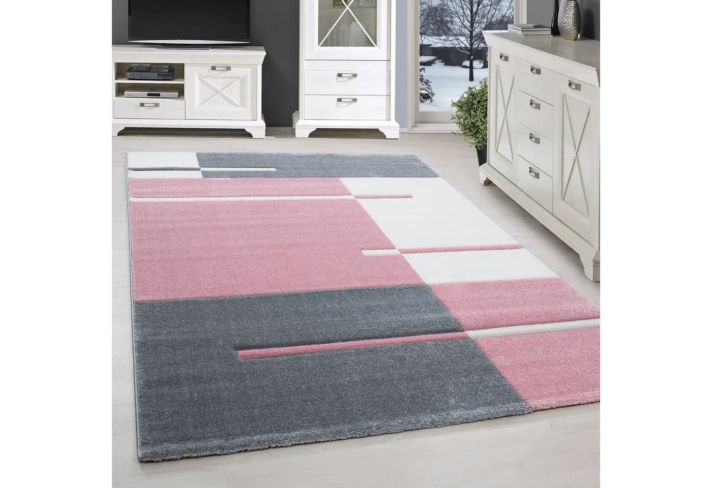 SIMPEX24 Teppich Kariert Design Rosa Kurzflor 3D-Konturenschnitt - Bild 2