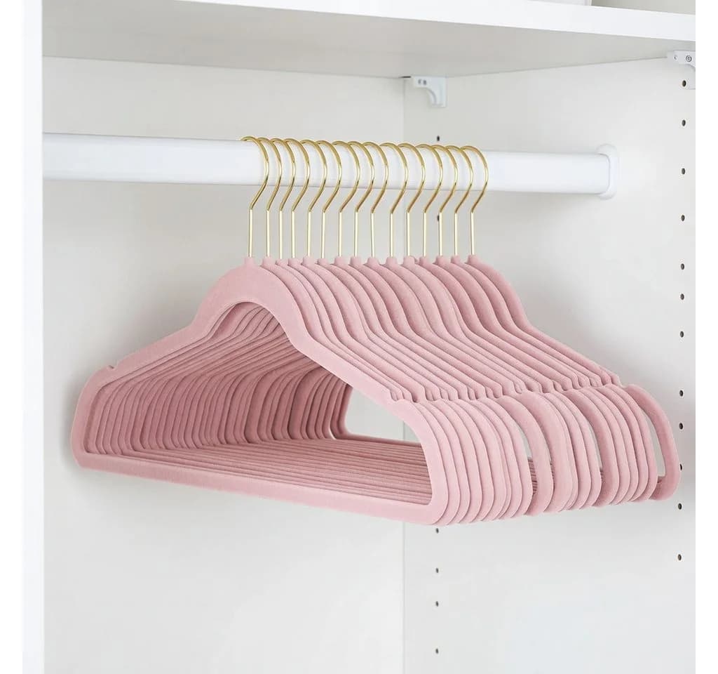 StickandShine Samt Kleiderbügel 100 Stück Rosa Goldhaken