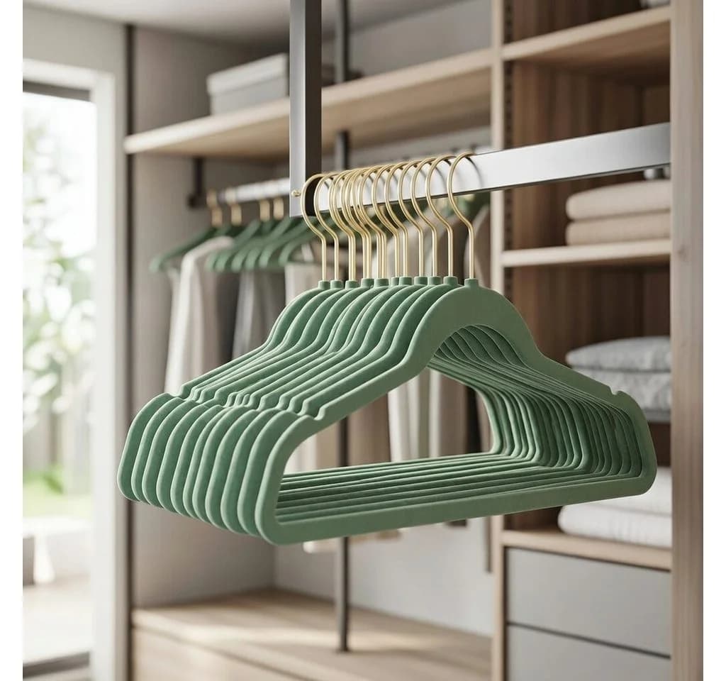 StickandShine Samt Kleiderbügel 25er Set Salbeigrün Goldhaken