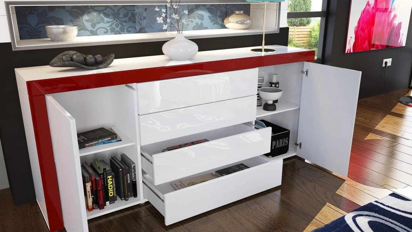 Vladon Sideboard La Paz V1 Weiß Hochglanz mit 2 Türen und 4 Schubladen - Bild 3