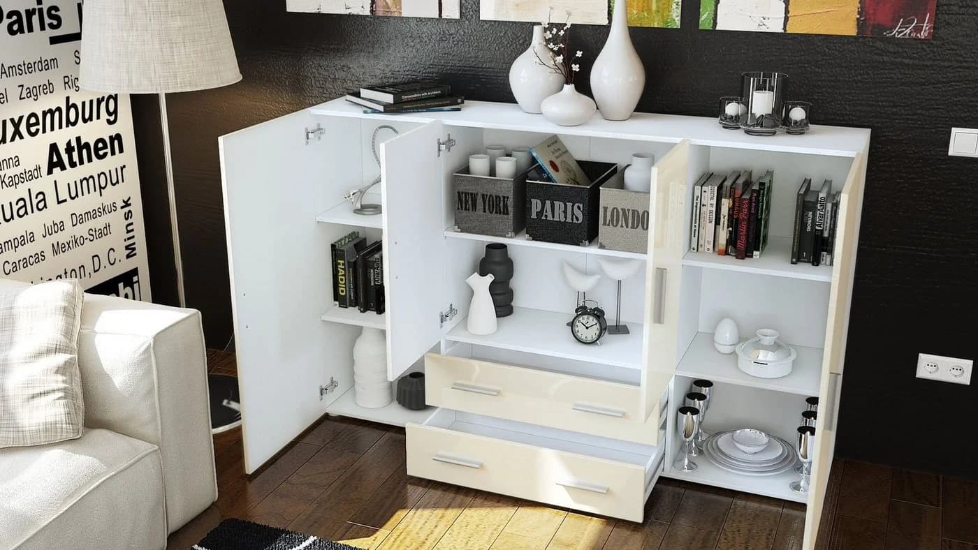 Vladon Highboard Nora Weiß matt/Sandgrau Hochglanz mit Schubladen - Bild 4