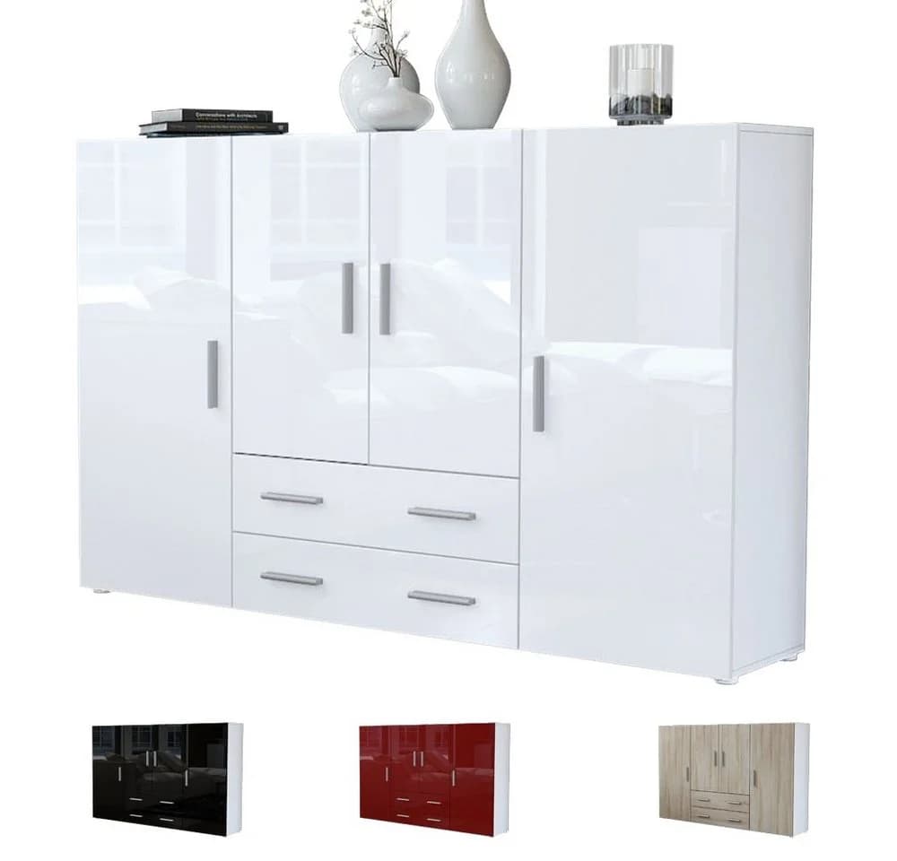 Vladon Highboard Nora Weiß matt/Sandgrau Hochglanz mit Schubladen - Bild 5