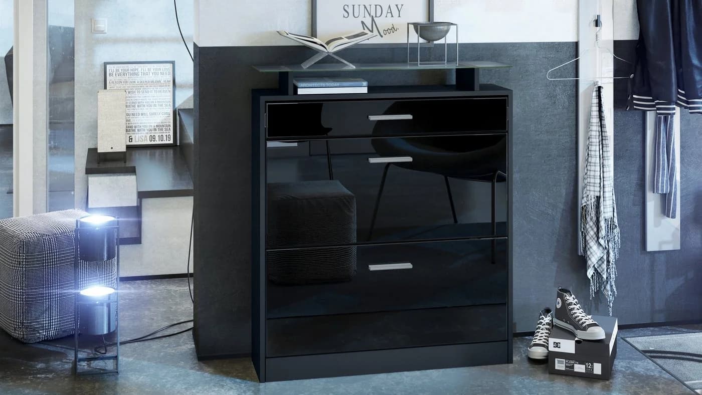 Vladon Schuhschrank Loret Schwarz matt/Hochglanz mit Schublade