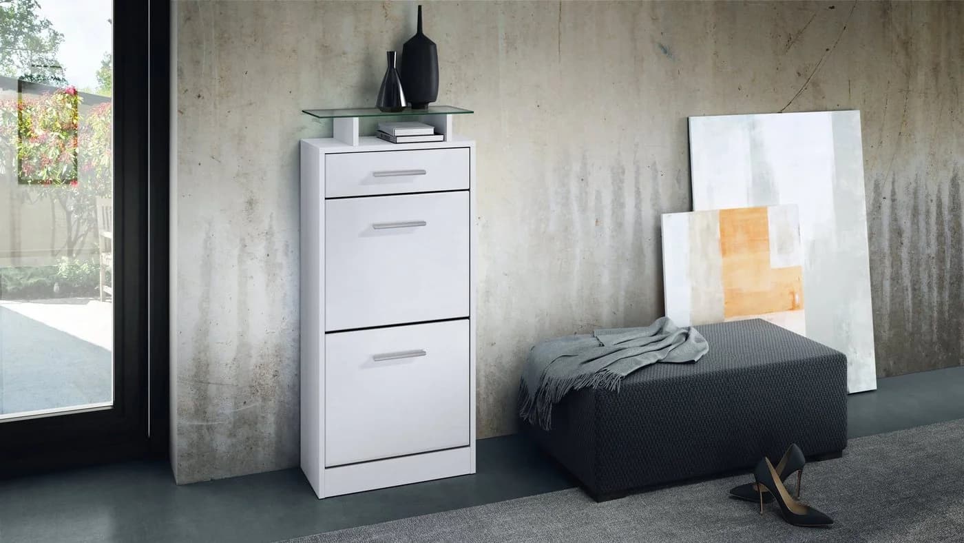 Vladon Schuhschrank Loret V2 Weiß matt mit 2 Klappen und Schublade