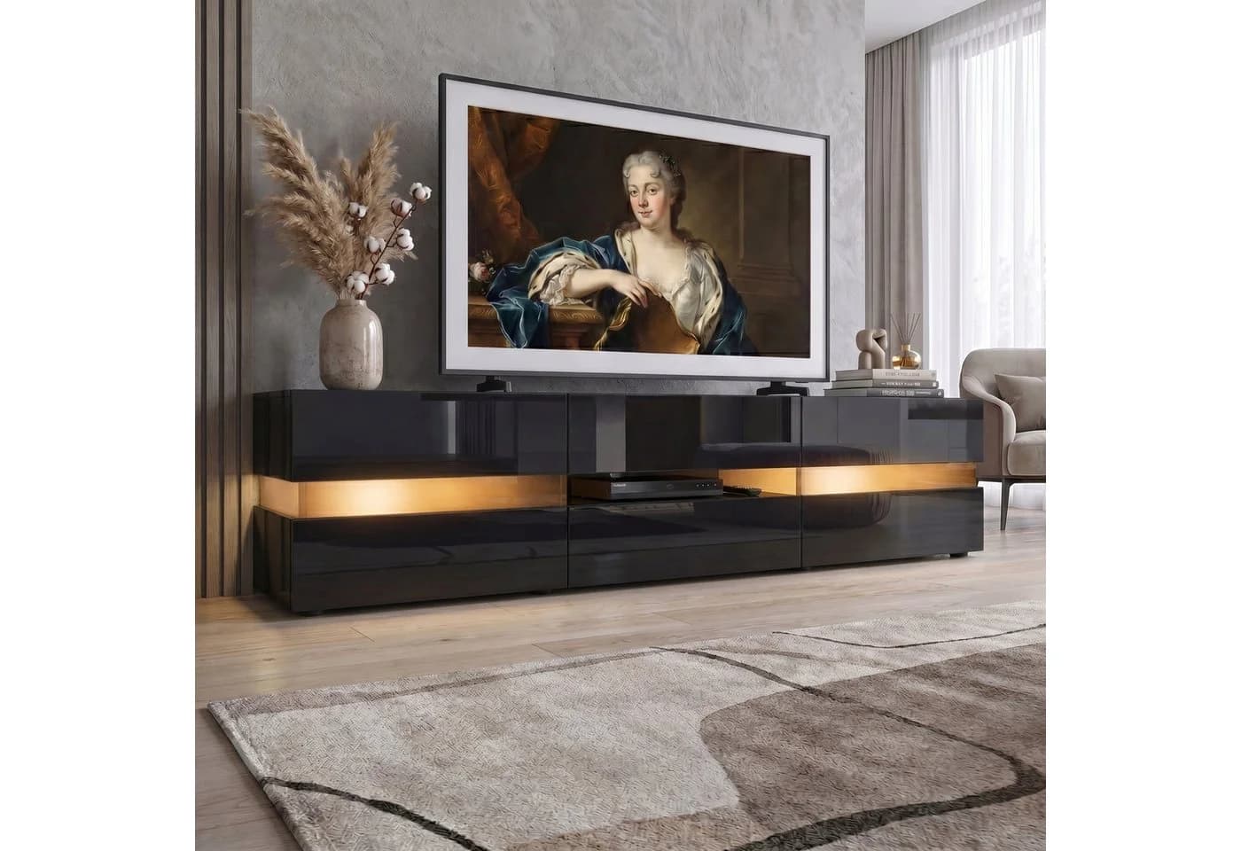 Vladon Lowboard Flow TV-Kommode Schwarz mit LED-Beleuchtung