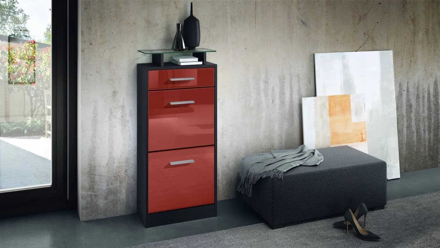 Vladon Schuhschrank Loret V2 Schwarz/Bordeaux mit 2 Klappen & Schublade