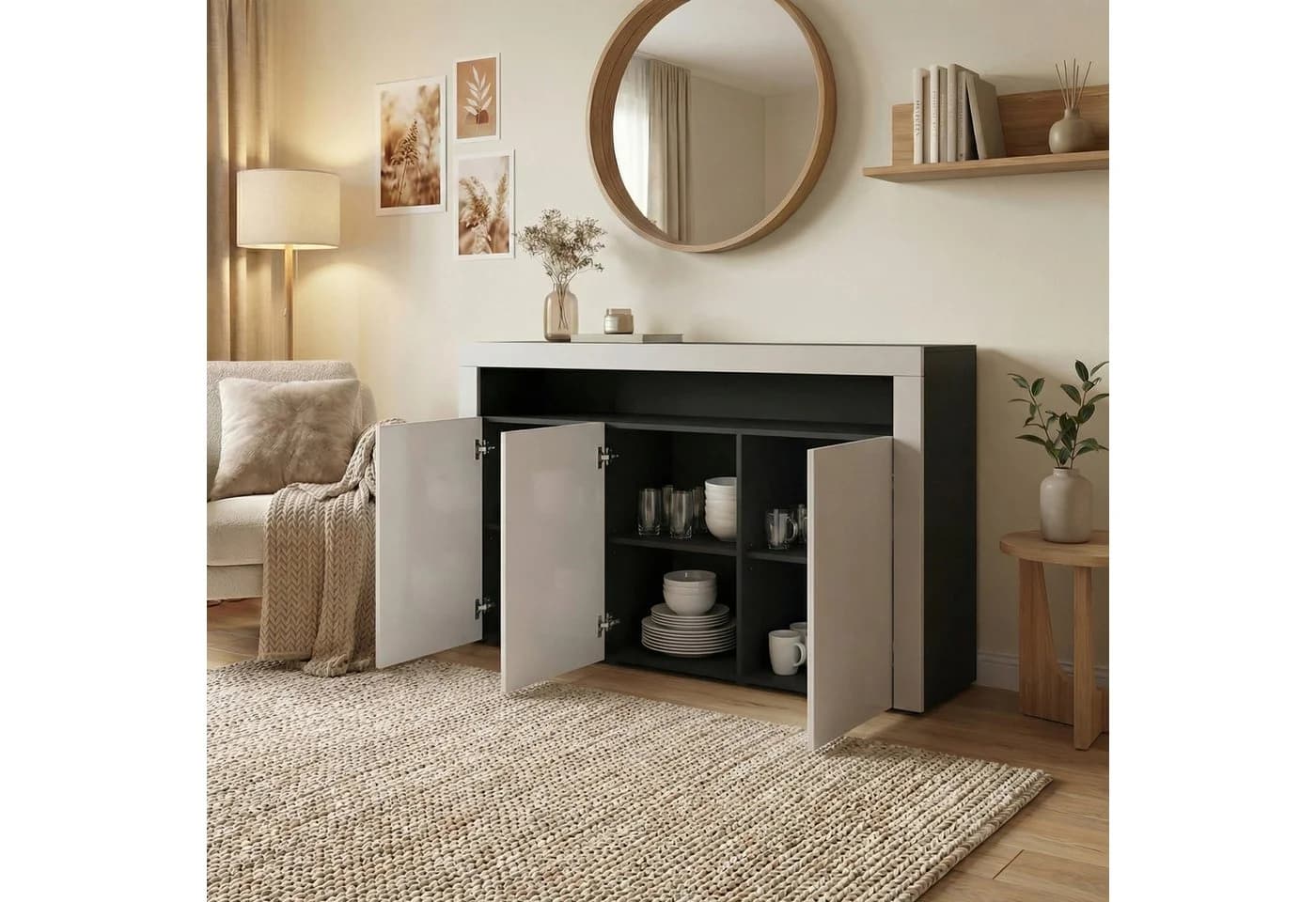 Vladon Sideboard Valencia Schwarz/Weiß Hochglanz mit 3 Türen - Bild 3