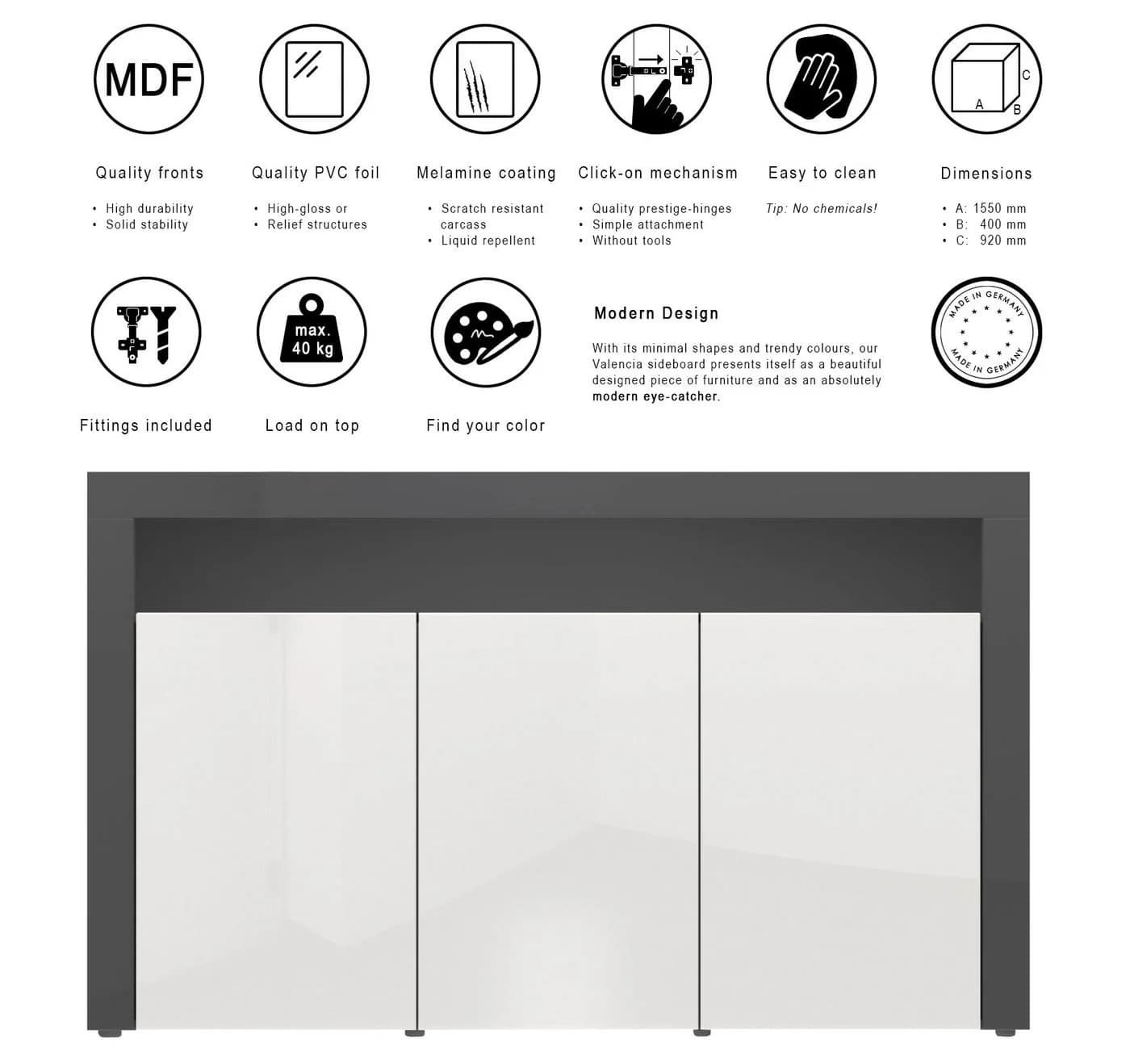 Vladon Sideboard Valencia Schwarz/Weiß Hochglanz mit 3 Türen - Bild 4