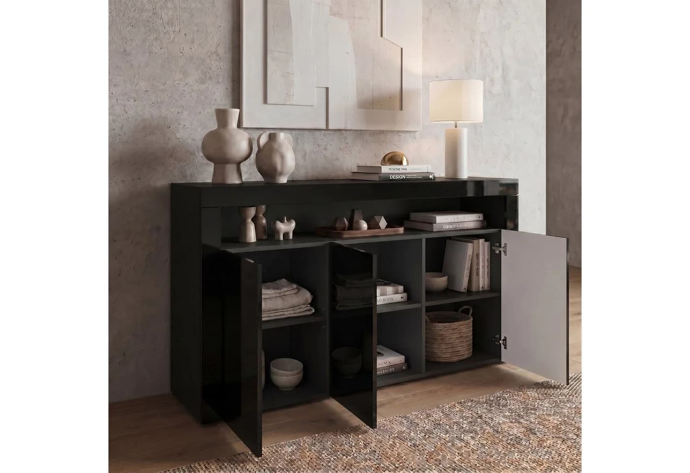 Vladon Sideboard Valencia Schwarz matt/Hochglanz mit 3 Türen - Bild 3