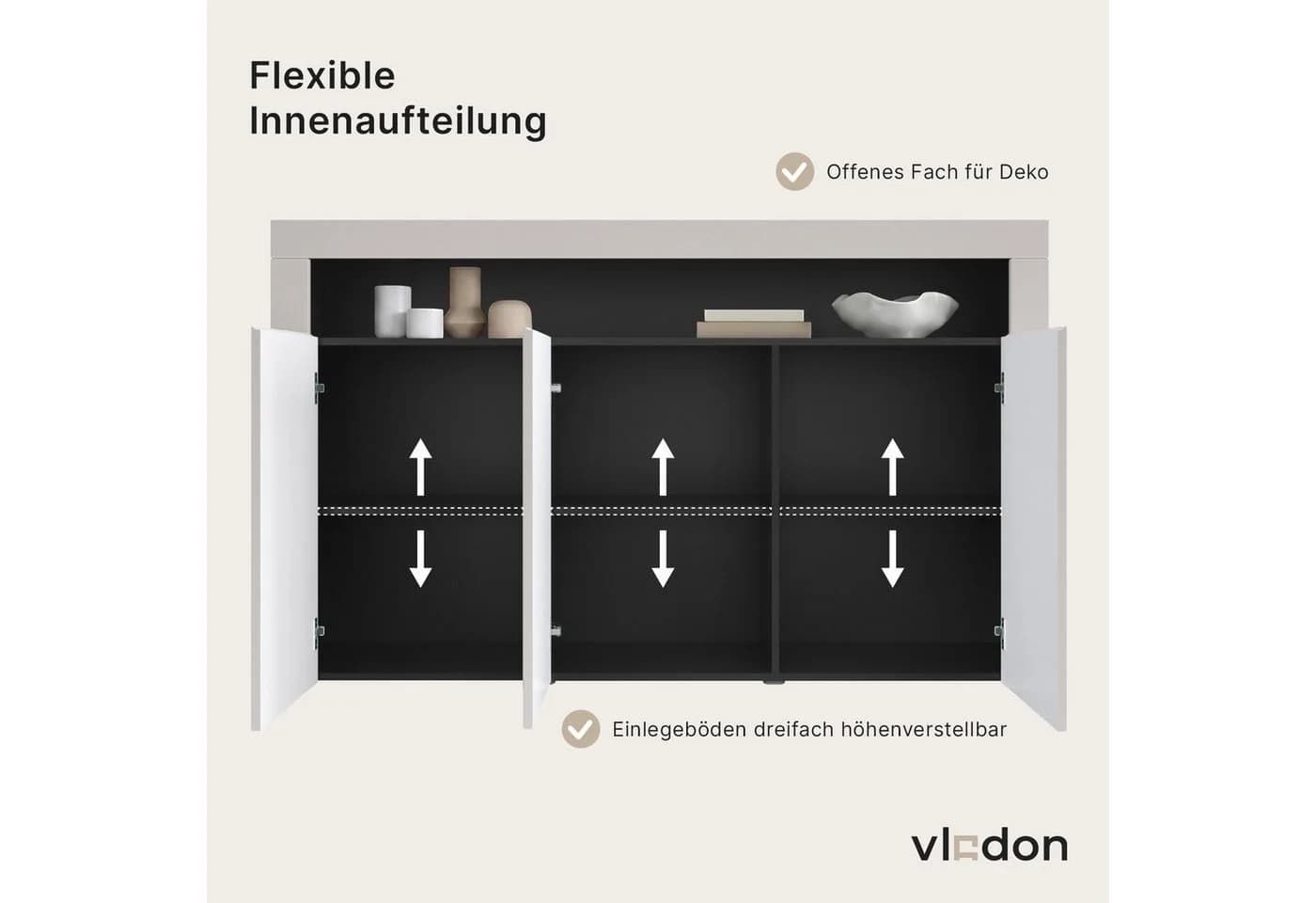 Vladon Sideboard Valencia Schwarz matt/Hochglanz mit 3 Türen - Bild 4