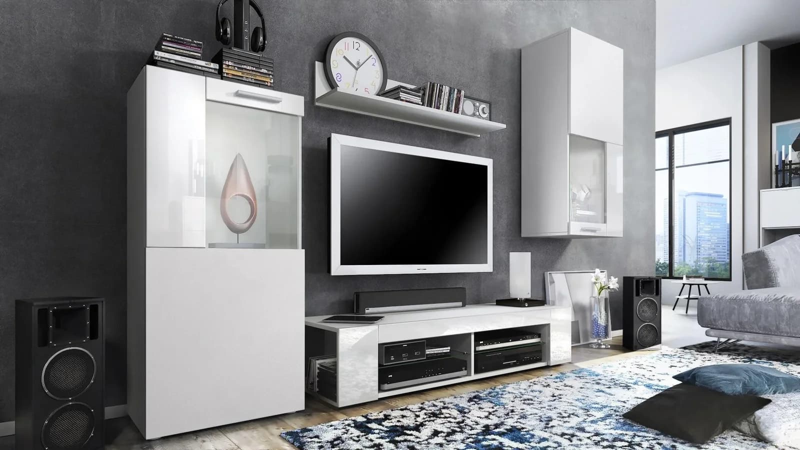 Vladon Wohnwand Movie Weiß Matt/Hochglanz TV-Board Vitrinen Regal