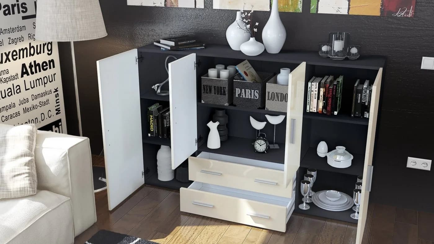 Vladon Highboard Nora Weiß Hochglanz Anthrazit matt 2 Schubladen 4 Türen - Bild 3