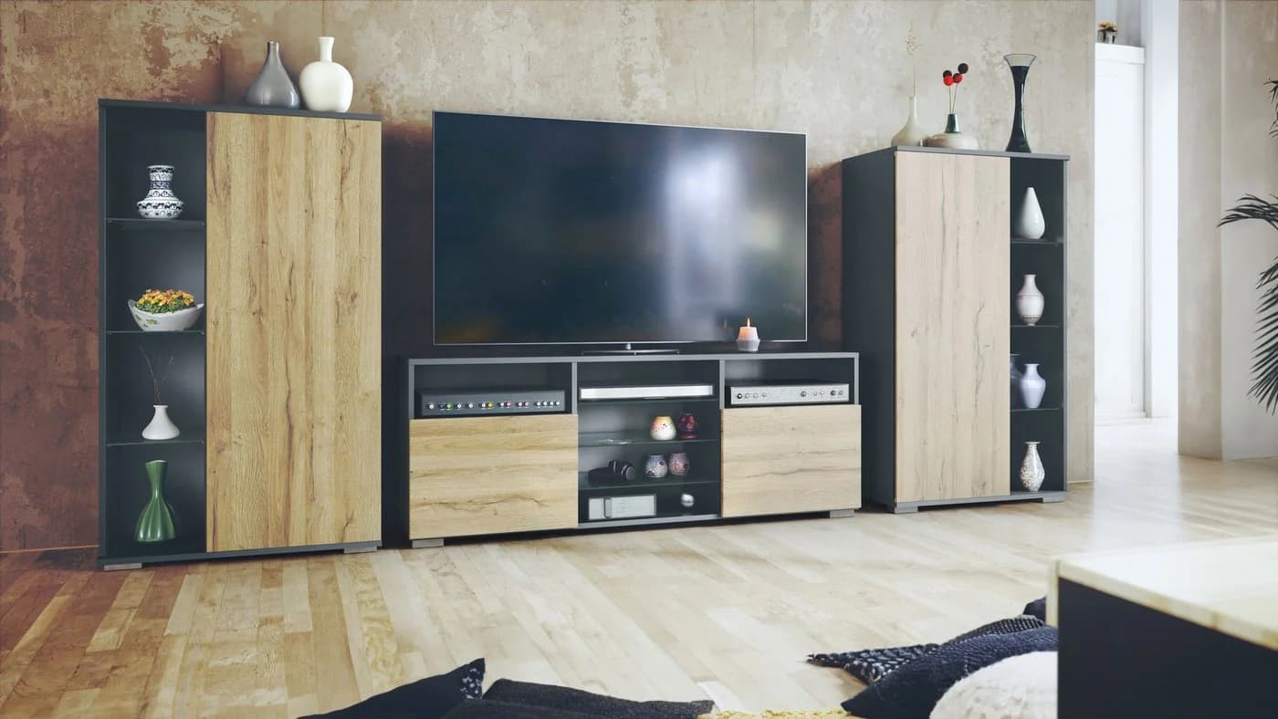 Vladon Wohnwand Davos Anbauwand 2 Vitrinen 1 TV-Board Anthrazit matt/Eiche Natur