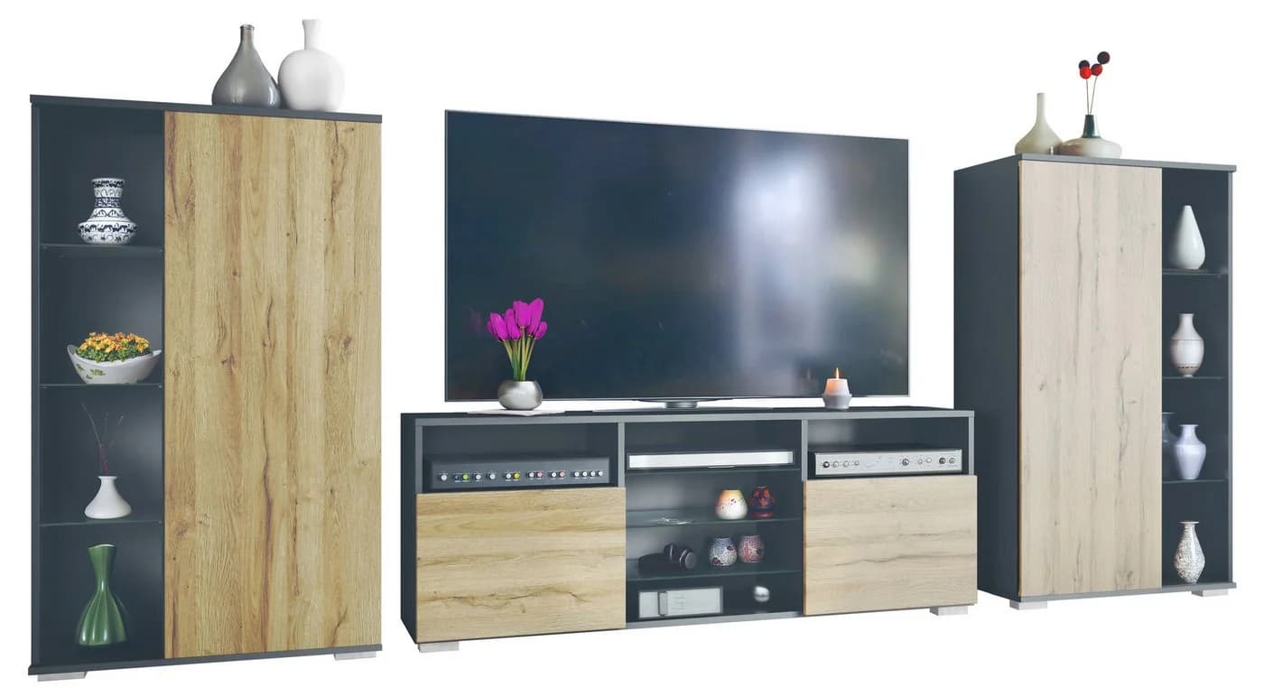 Vladon Wohnwand Davos Anbauwand 2 Vitrinen 1 TV-Board Anthrazit matt/Eiche Natur - Bild 2