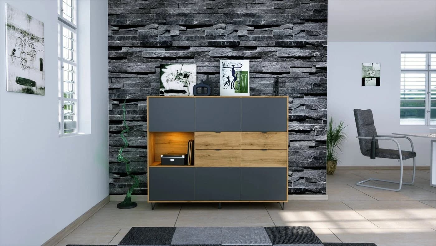 Vladon Highboard Marino Anthrazit matt Eiche Evoke mit LED - Bild 3
