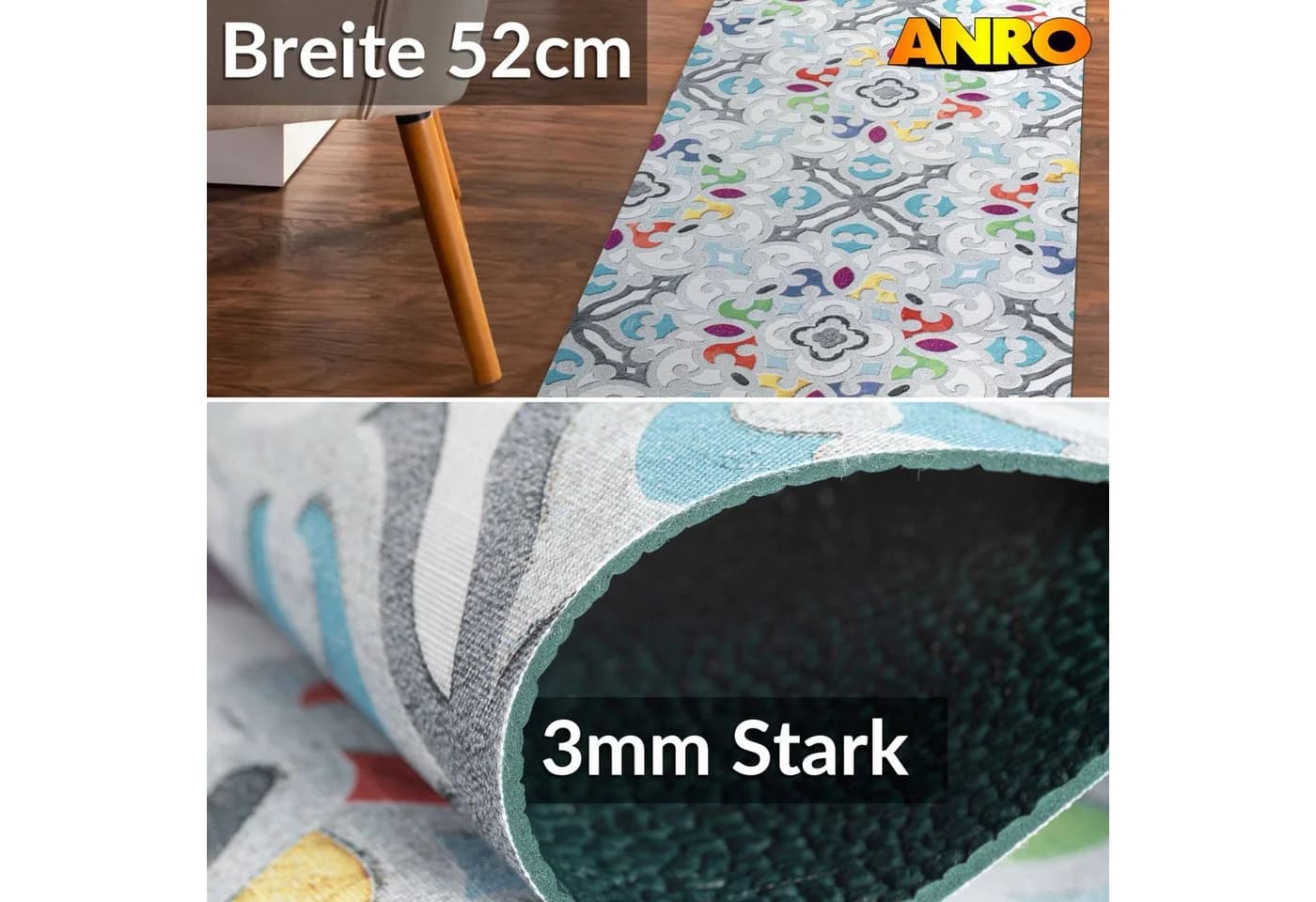ANRO Küchenläufer GreenLine Teppichläufer Textil, Rechteckig, 3 mm Höhe, 100 cm Valentina Grau