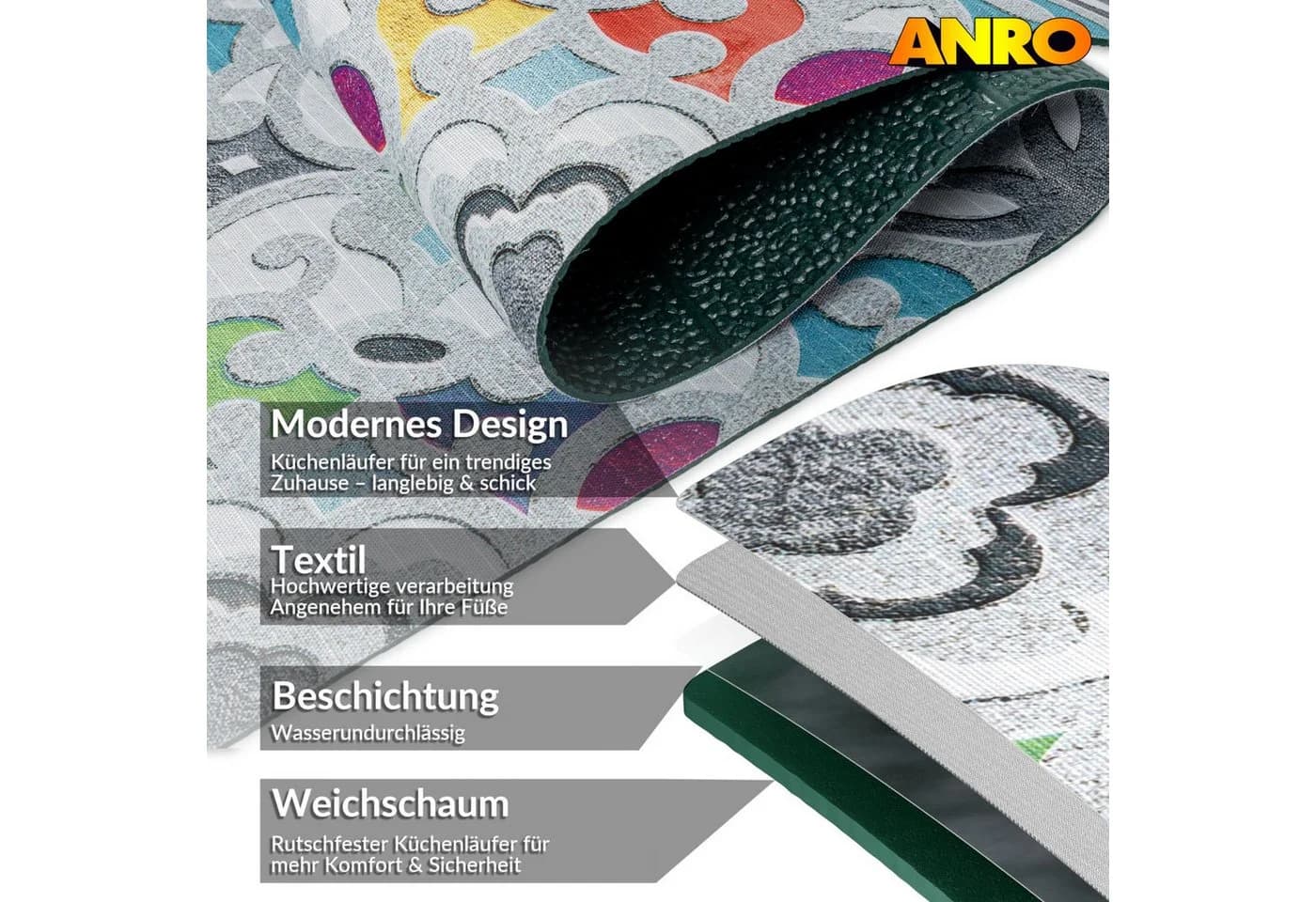 ANRO Küchenläufer GreenLine Teppichläufer Textil, Rechteckig, 3 mm Höhe, 100 cm Valentina Grau - Bild 5