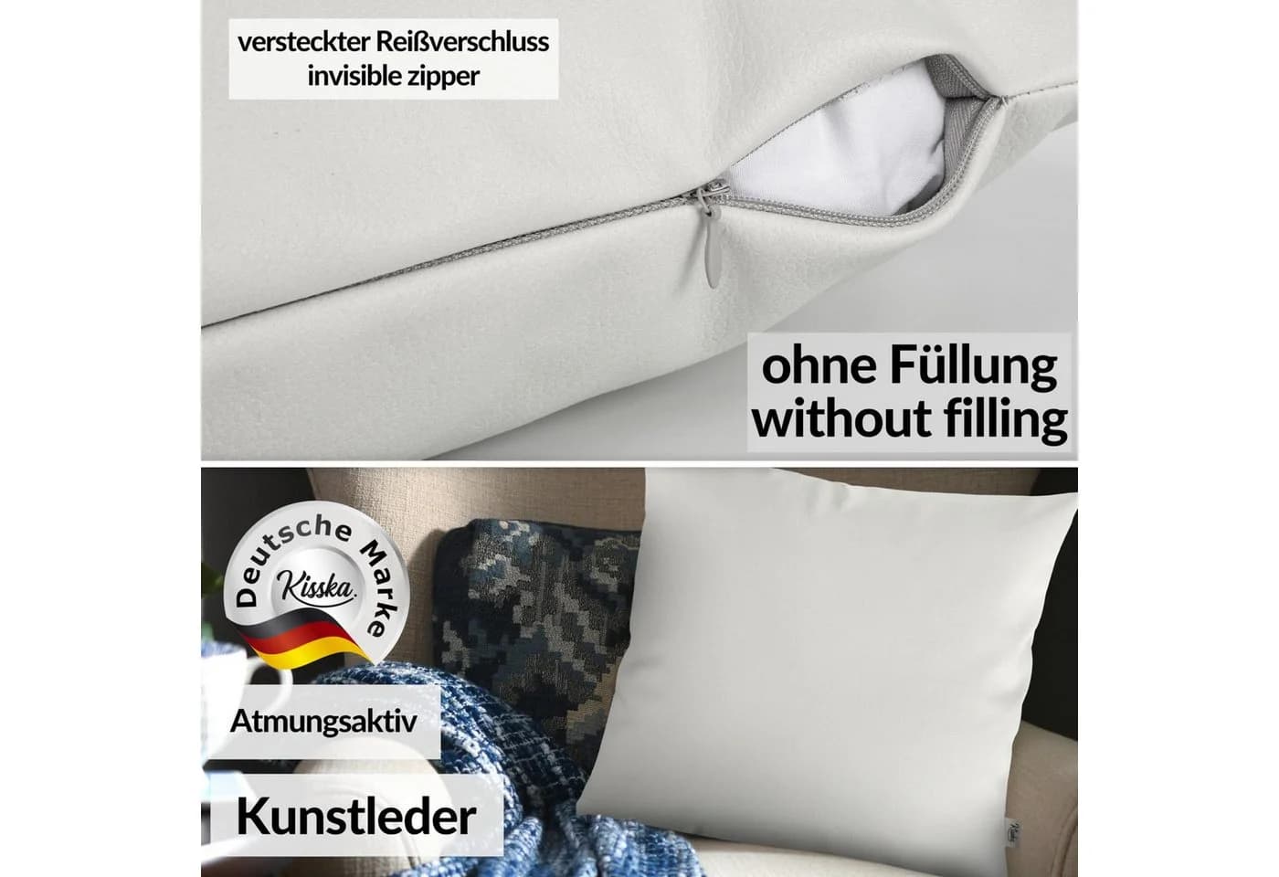 Kisska Dekokissen Kissenhülle KUMO Kunstleder Leder-Optik 40x40cm Einfarbig Weiß
