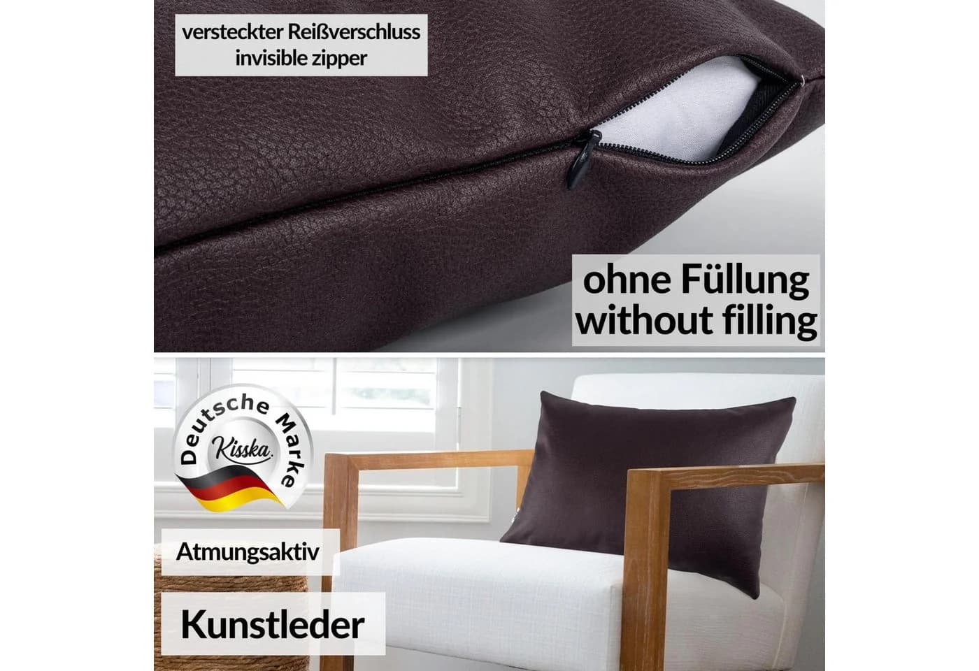 Kisska Dekokissen Kissenhülle KUMO atmungsaktive Kunstleder Leder-Optik Braun