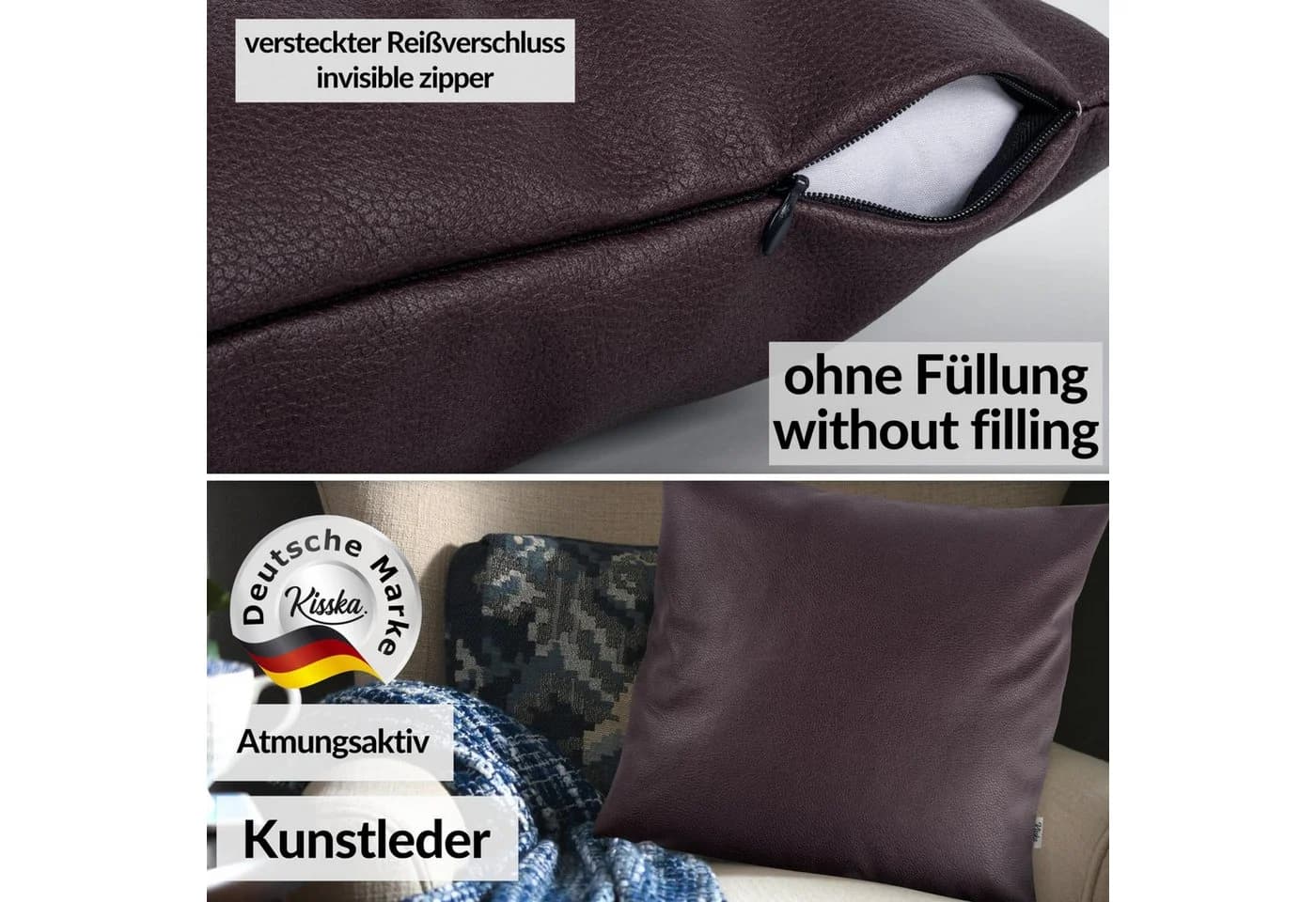 Kisska Dekokissen Kissenhülle KUMO atmungsaktive Kunstleder Leder-Optik UNI 40x40cm Braun