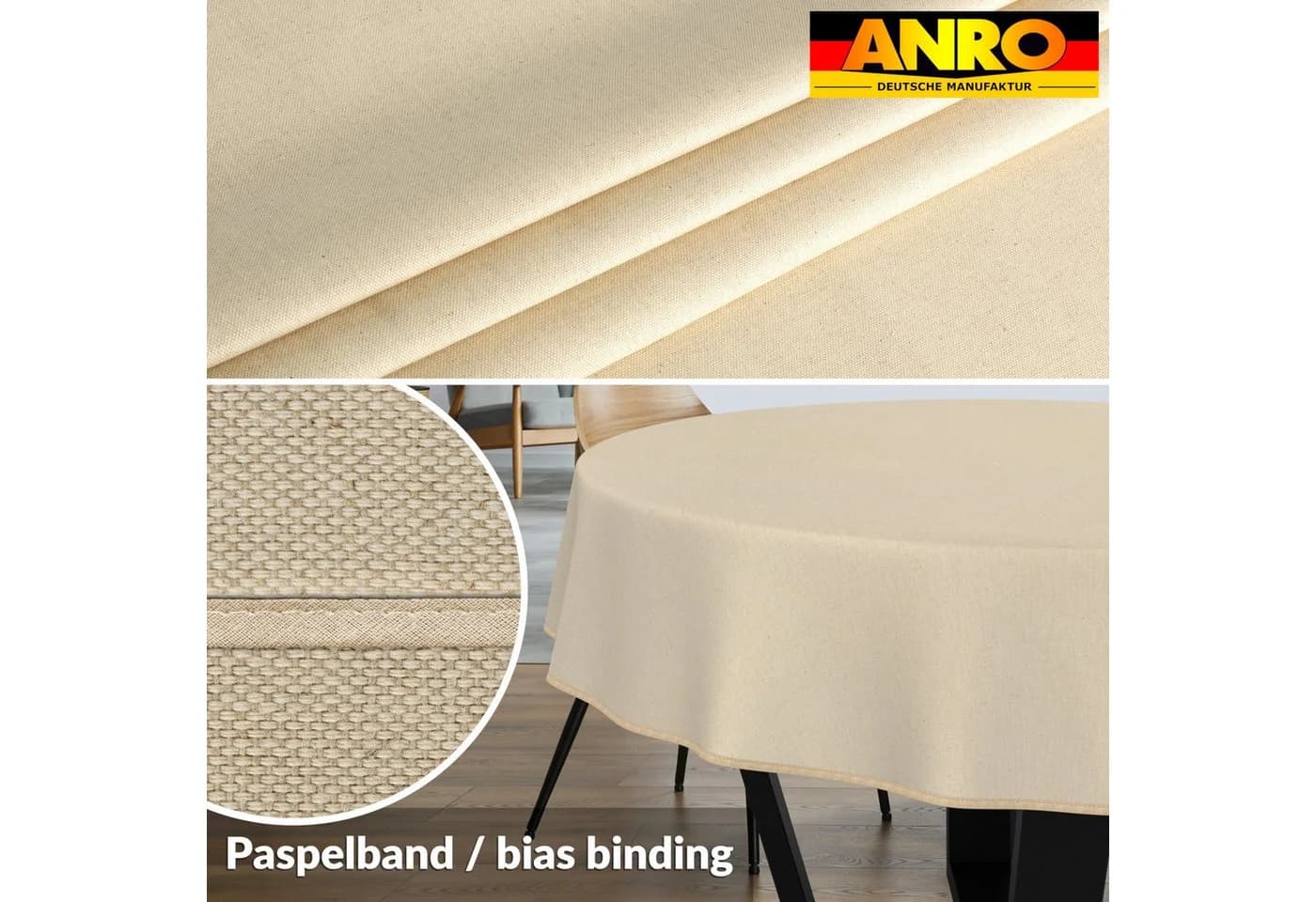 ANRO Tischdecke Alica Leinenoptik Melliert Creme Rund 100cm - Bild 3
