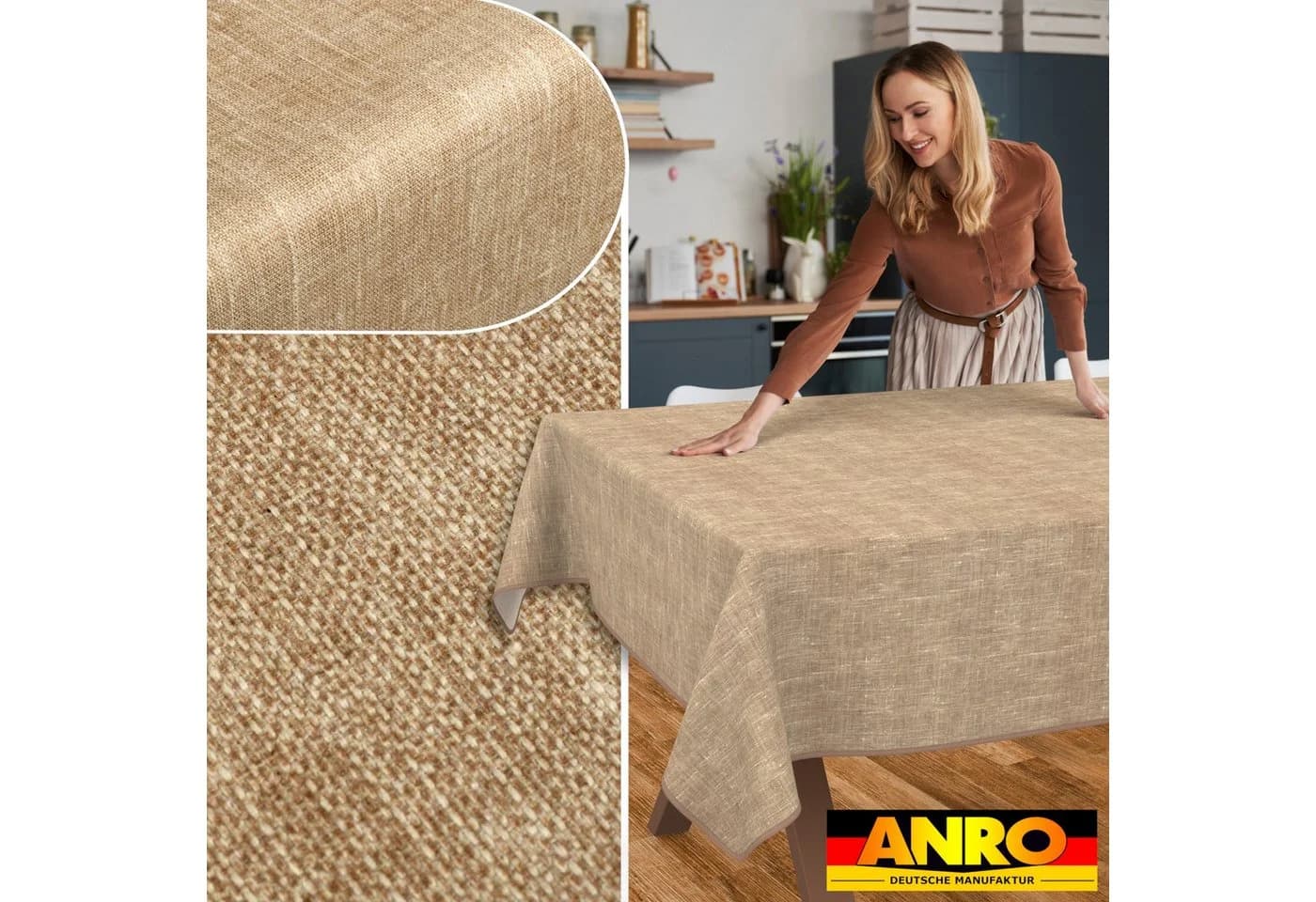 ANRO Tischdecke Alica Leinen Melliert Sandbraun wasserabweisend - Bild 5