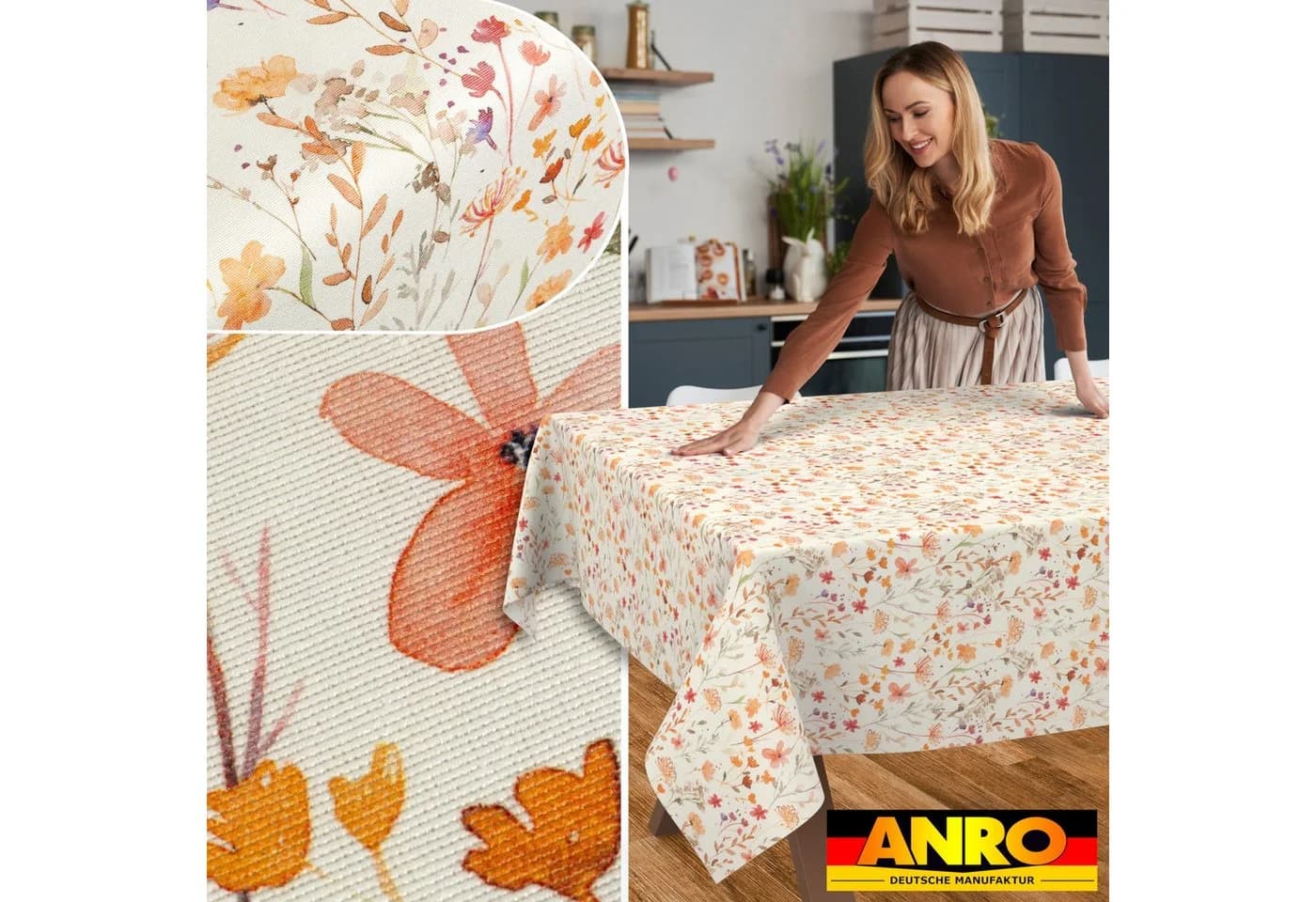 ANRO Tischdecke abwaschbar LANA Alessia-Wildblumen Orange-Beige - Bild 5
